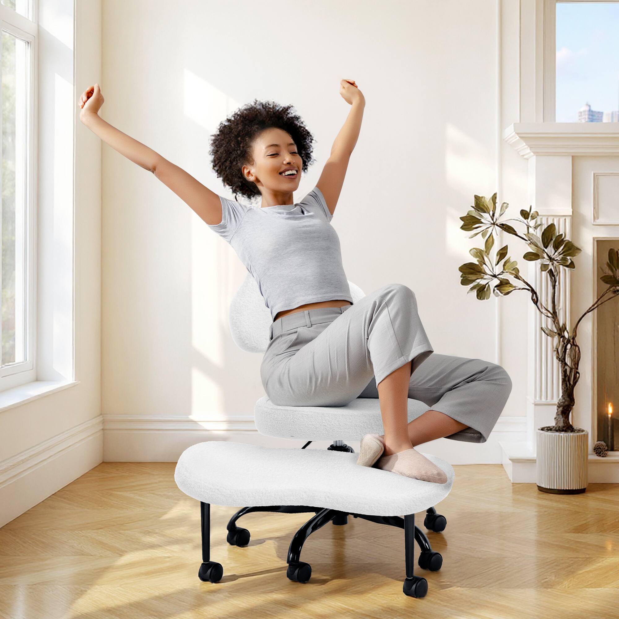 Front. Brick Attic - Cross Legged Office Chair, ADHD Meditation Yoga Chair, Teddy Fabric Adjustable Ergonomic Kneeling Chair - White.