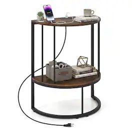 Costway - Half Moon Console Table with Power Outlets, 2-Tier Entryway Table with Storage Shelf - Rustic Brown & Black