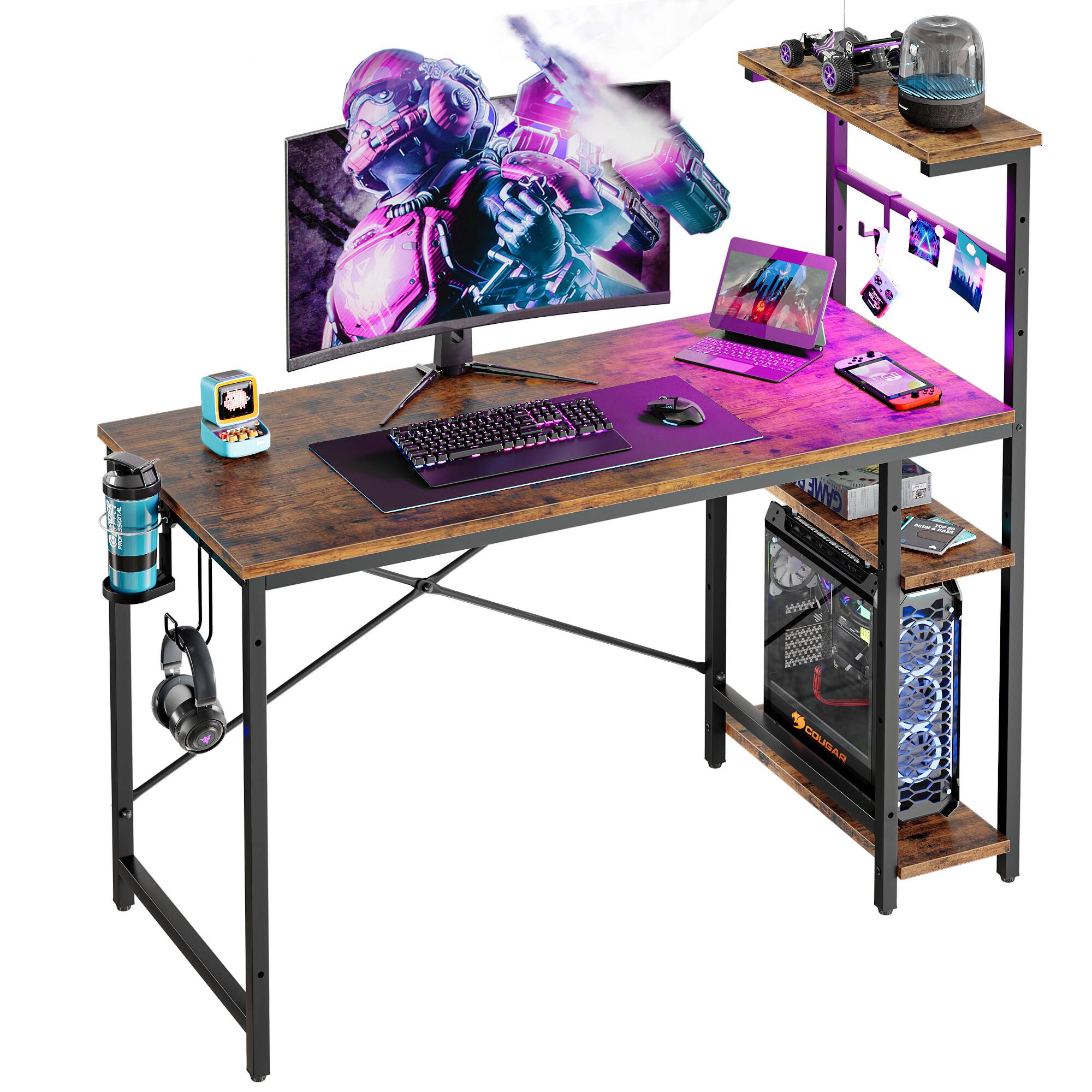 Bestier - 44" RGB Gaming Desk with Reversible 4-Tier Storage and LED Lighting - Brown