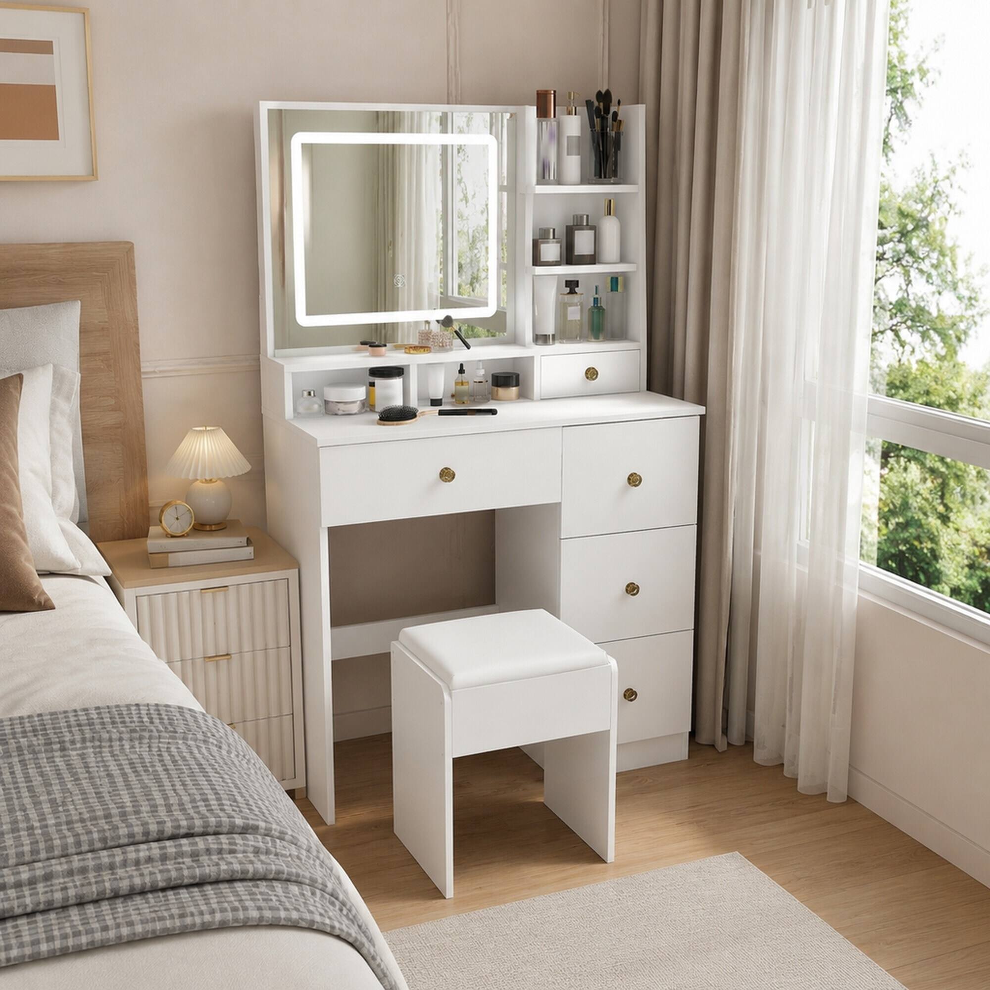 Back. RYHNUYNE - White Vanity Desk with Mirror, 3-Color Dimmable LED Lights, 4 Silent Drawers, Open Shelf, Makeup Table for Bedroom - White.