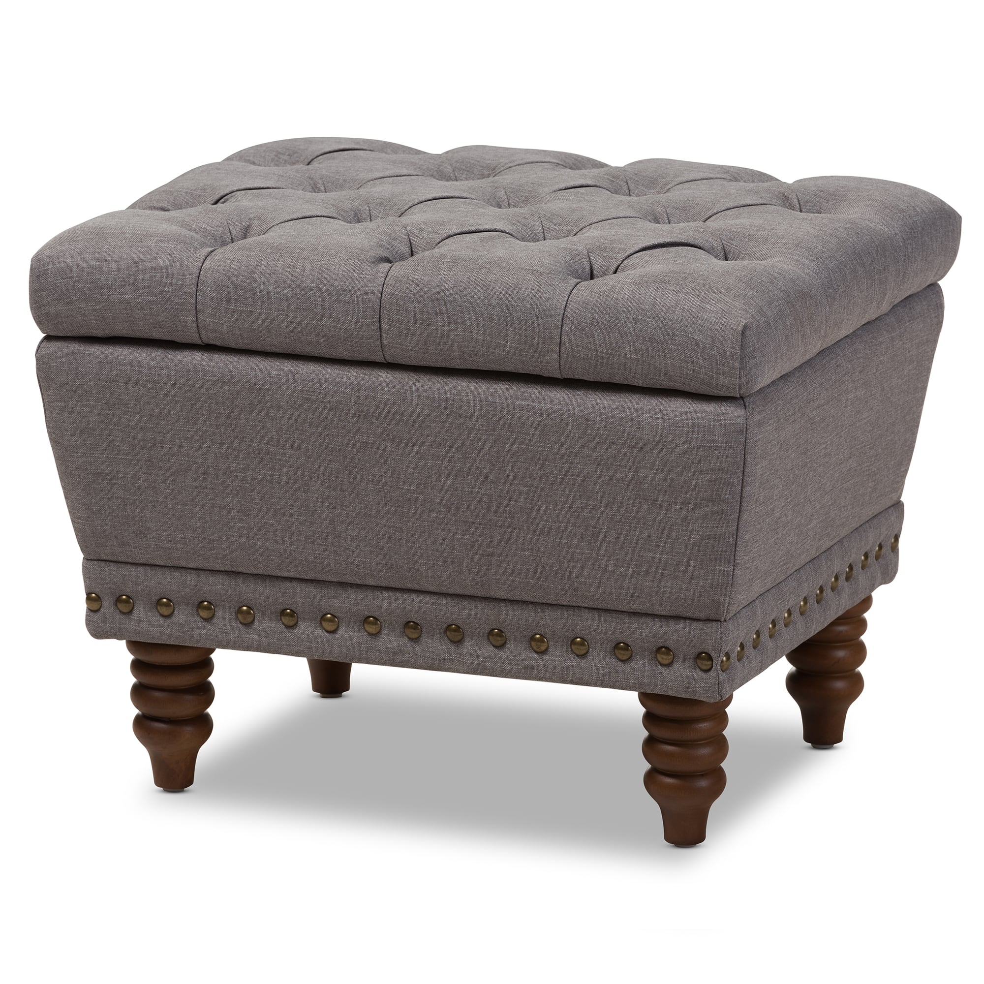 Baxton Studio - Annabelle Modern and Contemporary Fabric Upholstered Walnut Wood Finished Button-Tufted Storage Ottoman - Light Grey