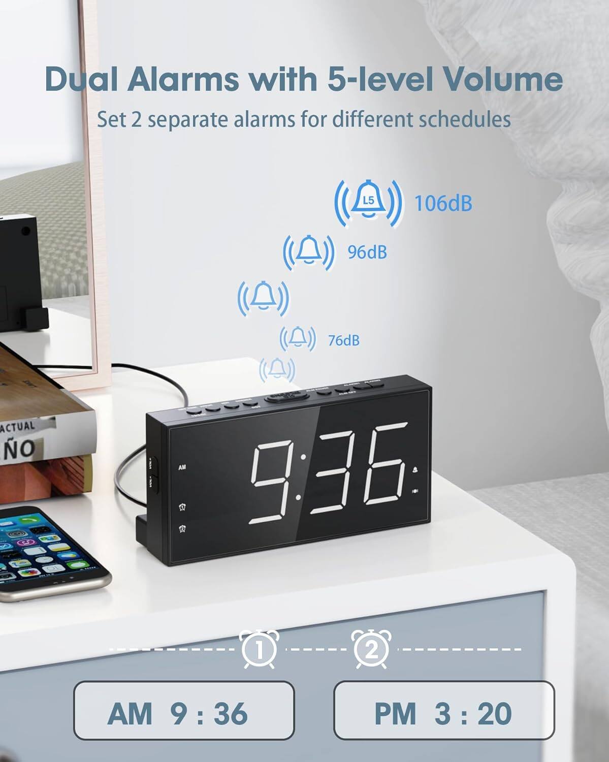 Dual Alarms with 5-level Volume  
Set 2 separate alarms for different schedules  

106dB  
96dB  
76dB  

AM 9:36  
PM 3:20