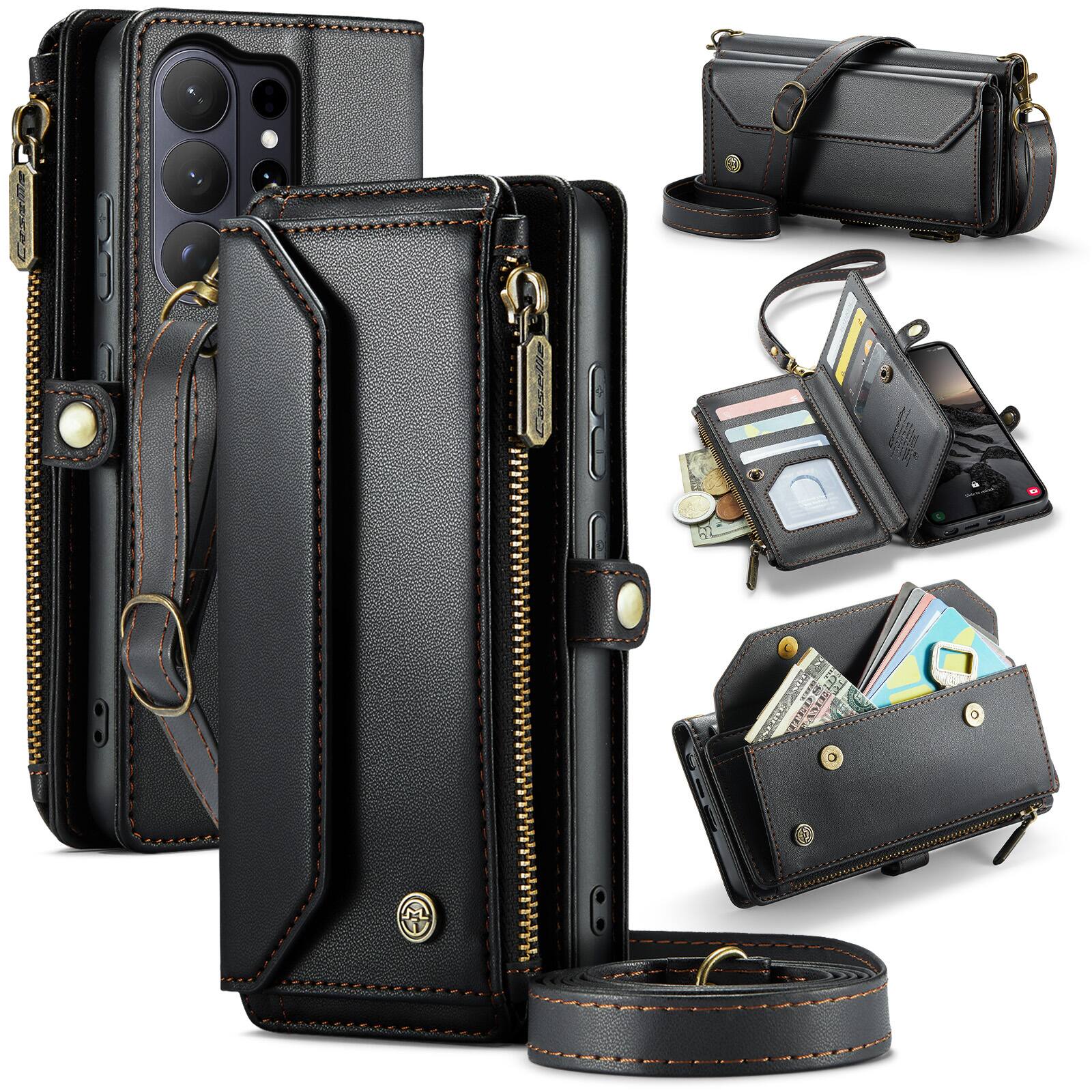 Angle. Dteck - Wallet Case for Samsung Galaxy S26 Ultra, PU Leather RFID Blocking Card Holder Kickstand Cover with Crossbody Strap - Black.