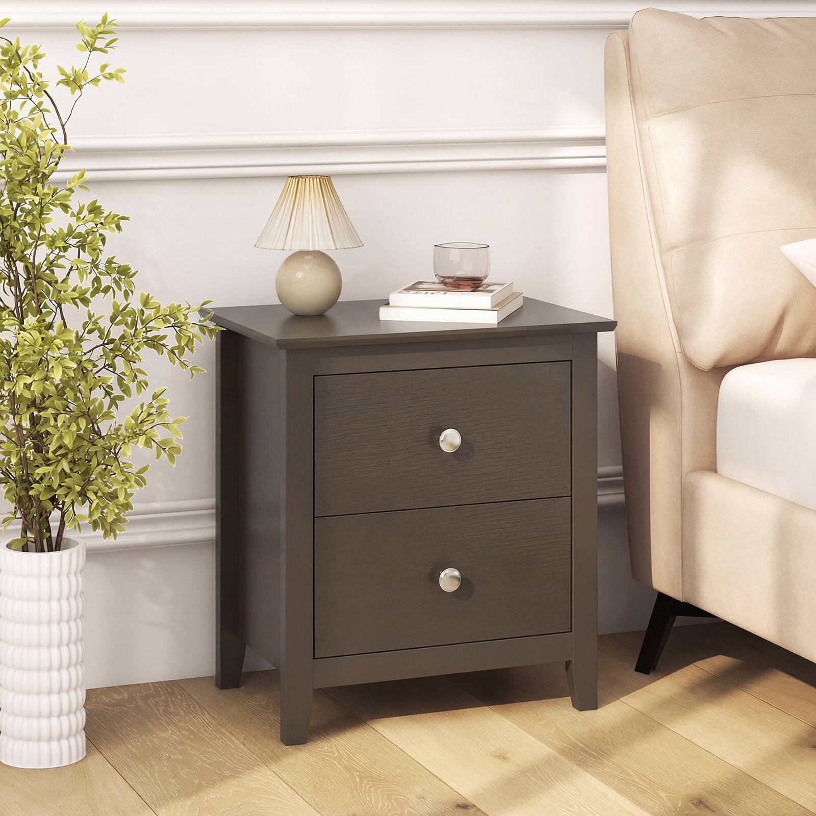 Alt View 3. Gymax - Gymax Modern Nightstand w/ Storage 2 Drawers & Support Legs for Bedroom White - Brown.