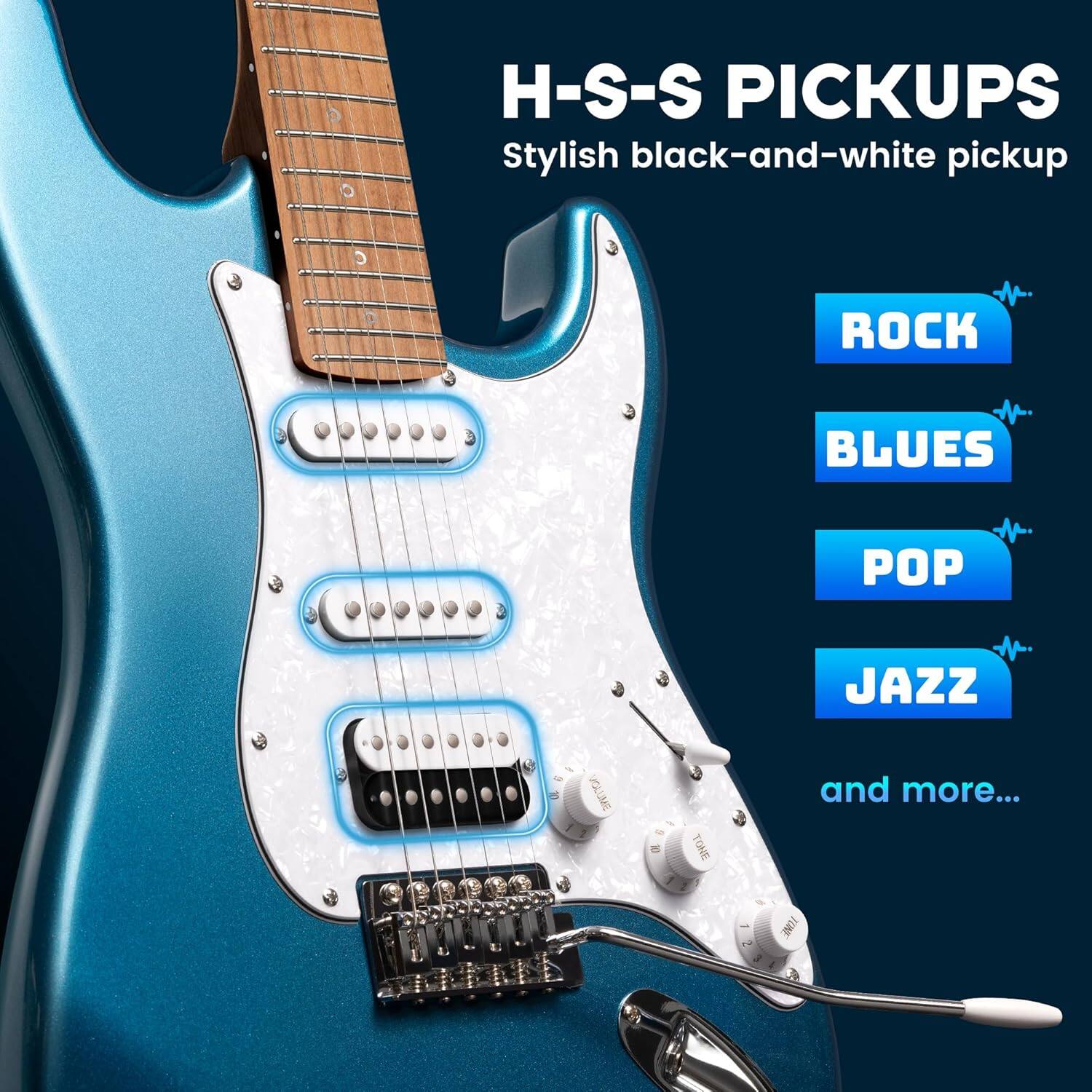 H-S-S PICKUPS  
Stylish black-and-white pickup  

ROCK  
BLUES  
POP  
JAZZ  
and more...