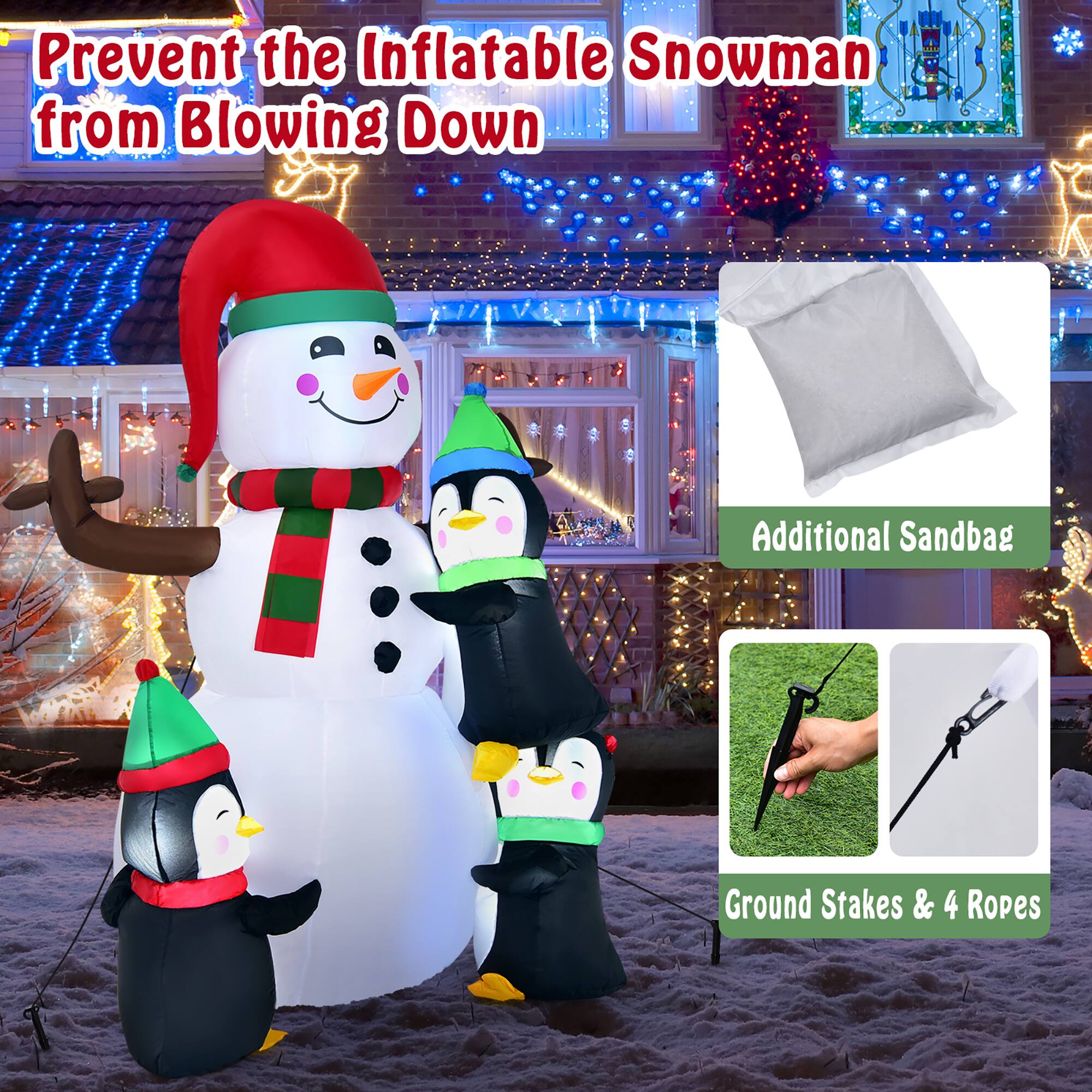 Prevent the Inflatable Snowman from Blowing Down: Additional Sandbag, Ground Stakes & 4 Ropes.