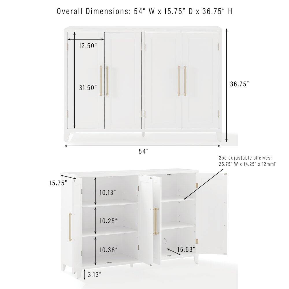 Overall Dimensions: 54" W x 15.75" D x 36.75" H

2pc adjustable shelves: 25.75" W x 14.25" x 12mmT