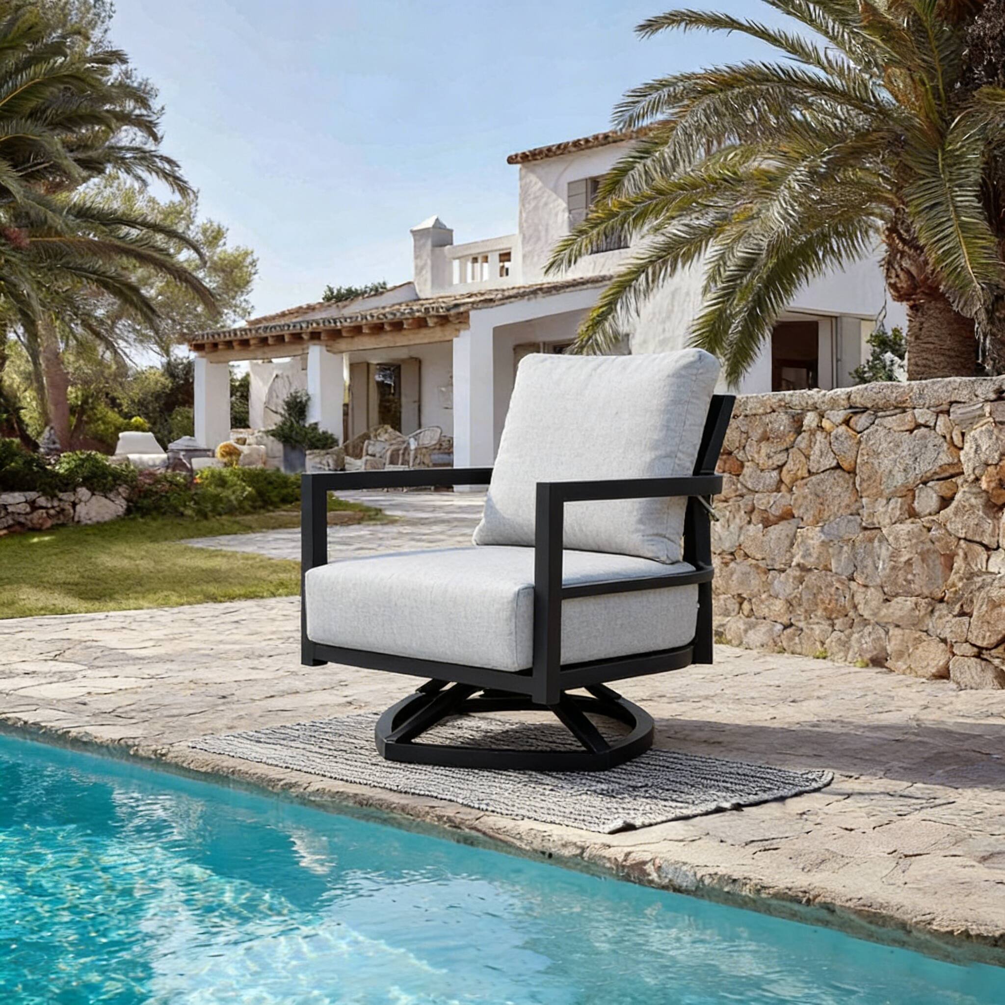 Angle. Mondawe - Outdoor Fully Weld Swivel Lounge Chair with Premium Aluminum Frame and Sunbrella Cushion - Ember Black+Grey.