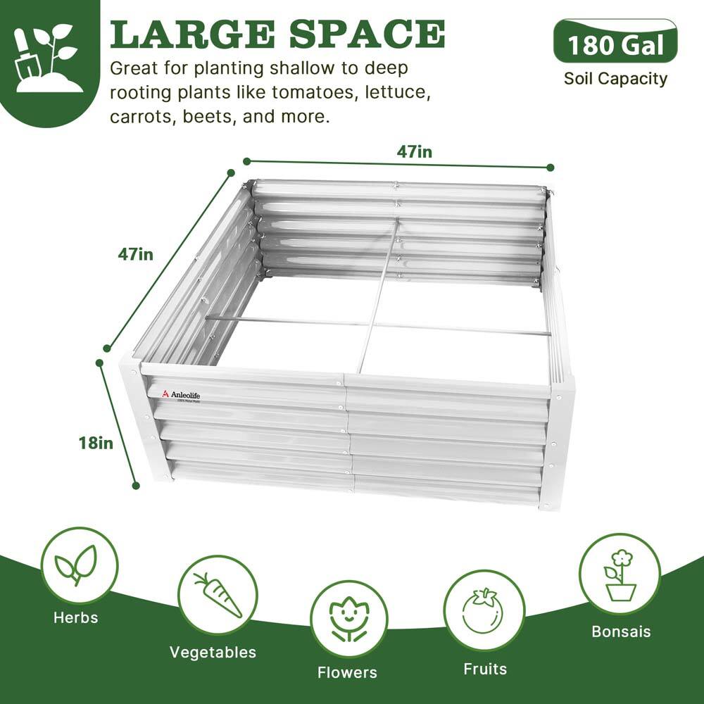 **LARGE SPACE**  
Great for planting shallow to deep rooting plants like tomatoes, lettuce, carrots, beets, and more.  

- 47in  
- 47in  
- 18in  

**180 Gal**  
Soil Capacity  

- Herbs  
- Vegetables  
- Flowers  
- Fruits  
- Bonsais