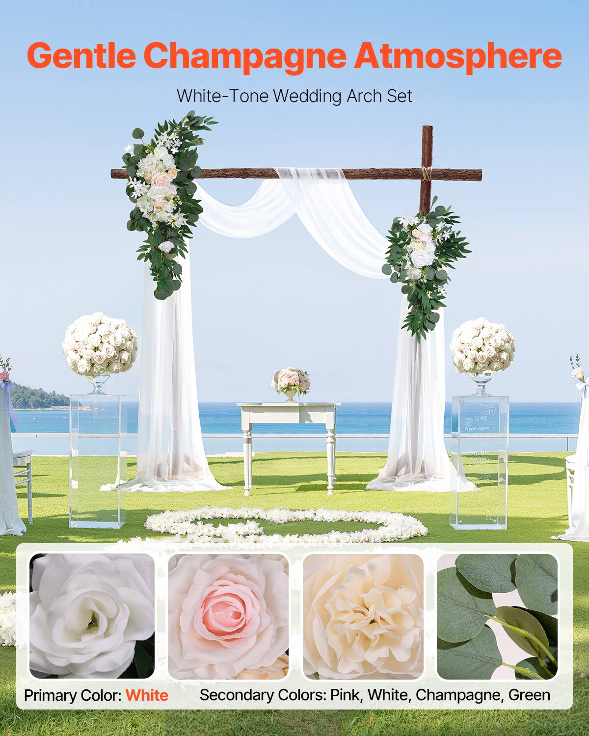 Gentle Champagne Atmosphere  
White-Tone Wedding Arch Set  

Primary Color: White  
Secondary Colors: Pink, White, Champagne, Green