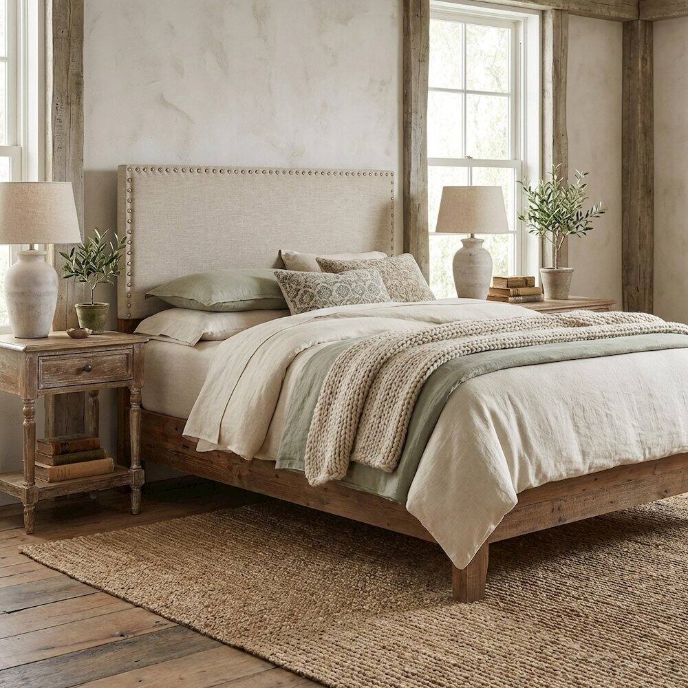 Angle. FurniFact - Upholstered Queen Headboard with Fabric Finish and Sturdy Construction - Beige.