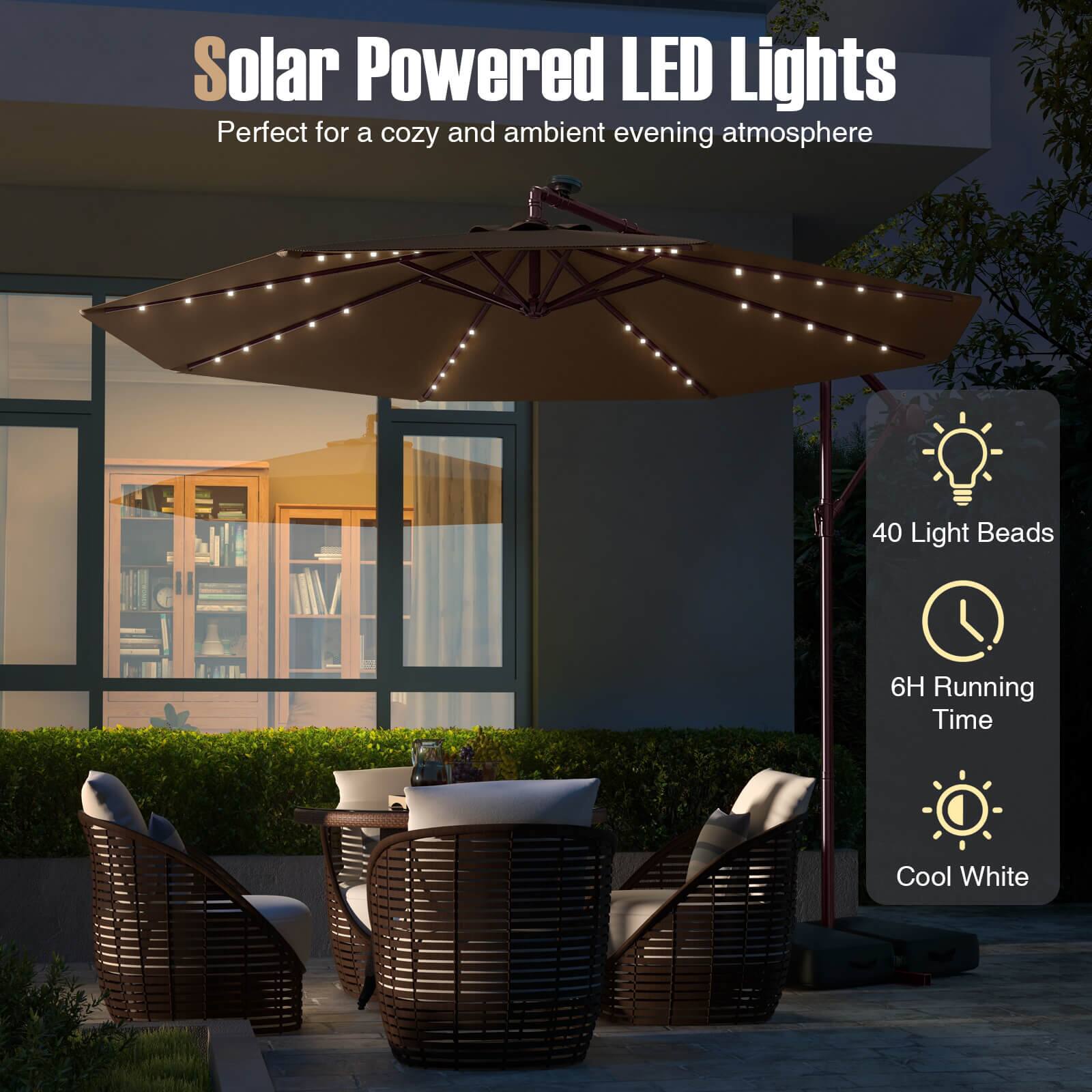 Solar Powered LED Lights  
Perfect for a cozy and ambient evening atmosphere  

40 Light Beads  
6H Running Time  
Cool White