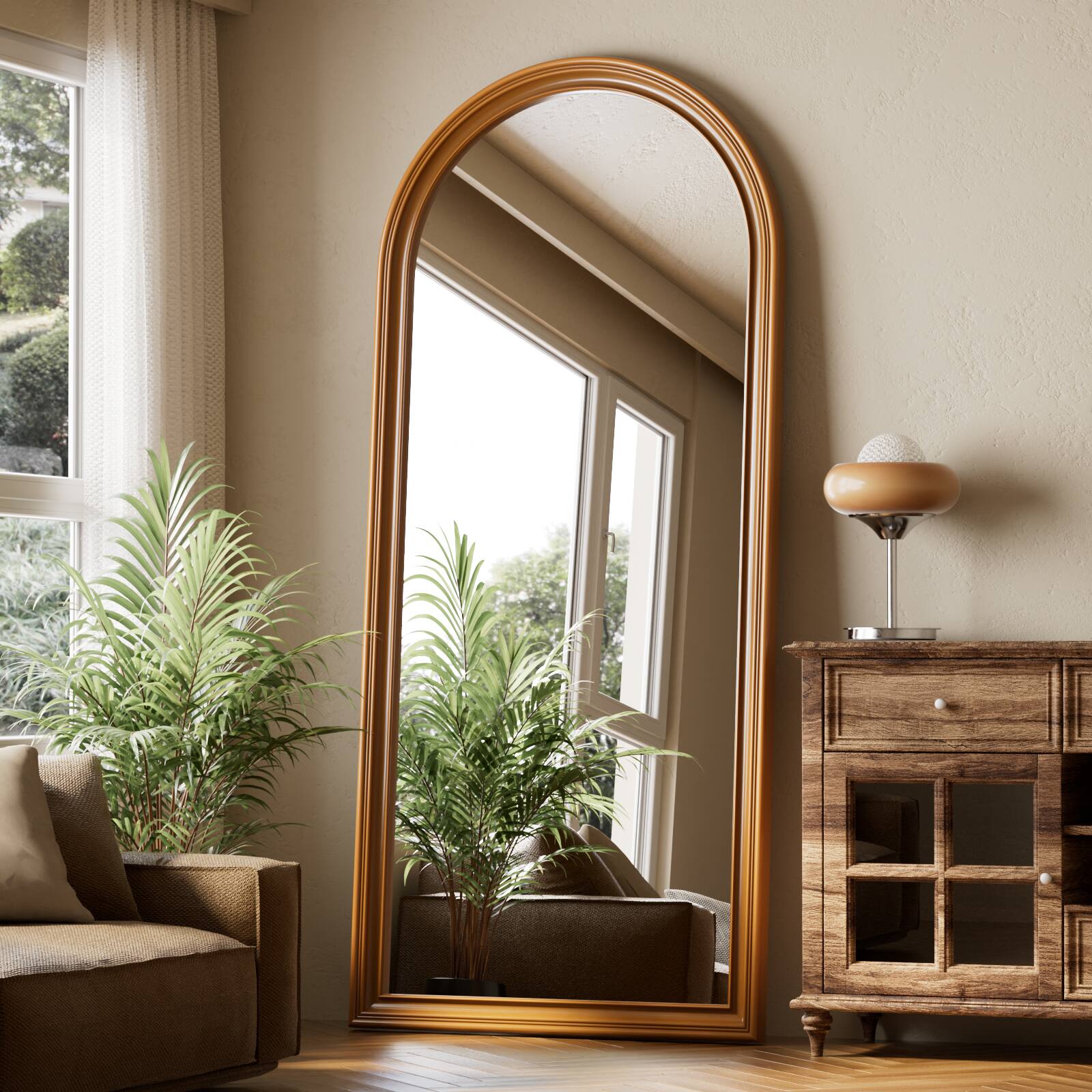 Angle. Easly - Antique Gold 32 in. W x 71 in. H Arched PU Frame Full Length Mirror Floor Mirror - Gold.