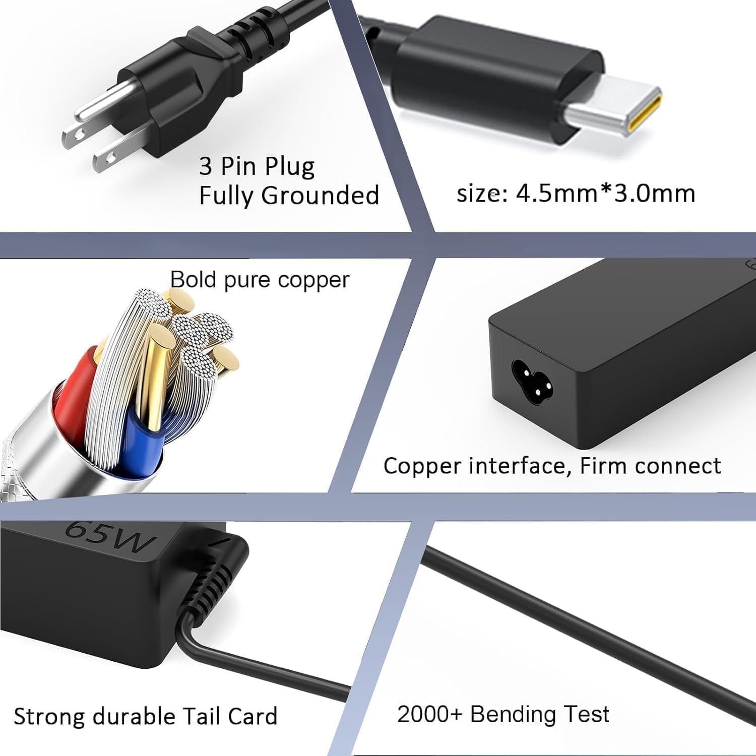 3 Pin Plug Fully Grounded  
size: 4.5mm * 3.0mm  
Bold pure copper  
Copper interface, Firm connect  
65W  
Strong durable Tail Card  
2000+ Bending Test