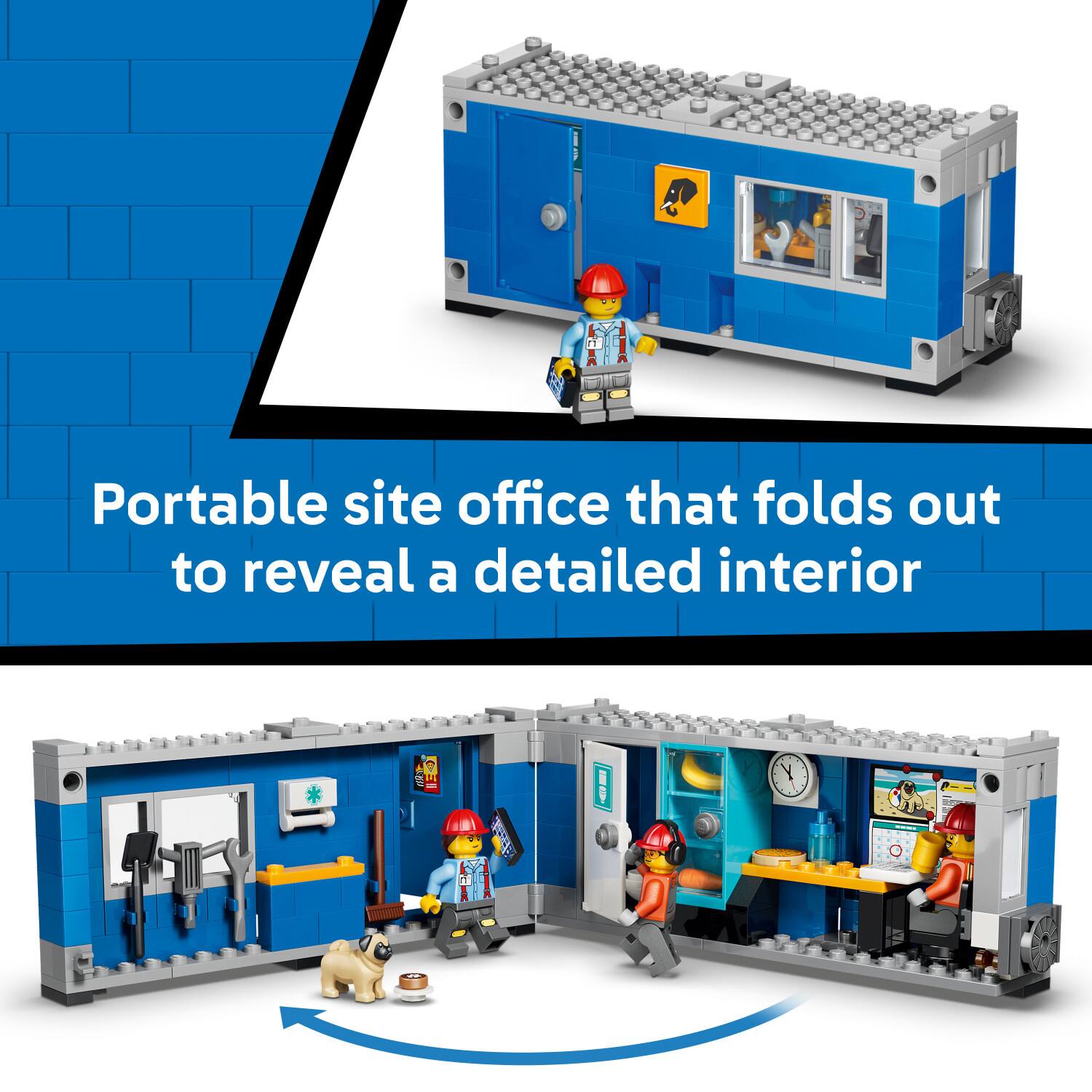 Portable site office that folds out to reveal a detailed interior