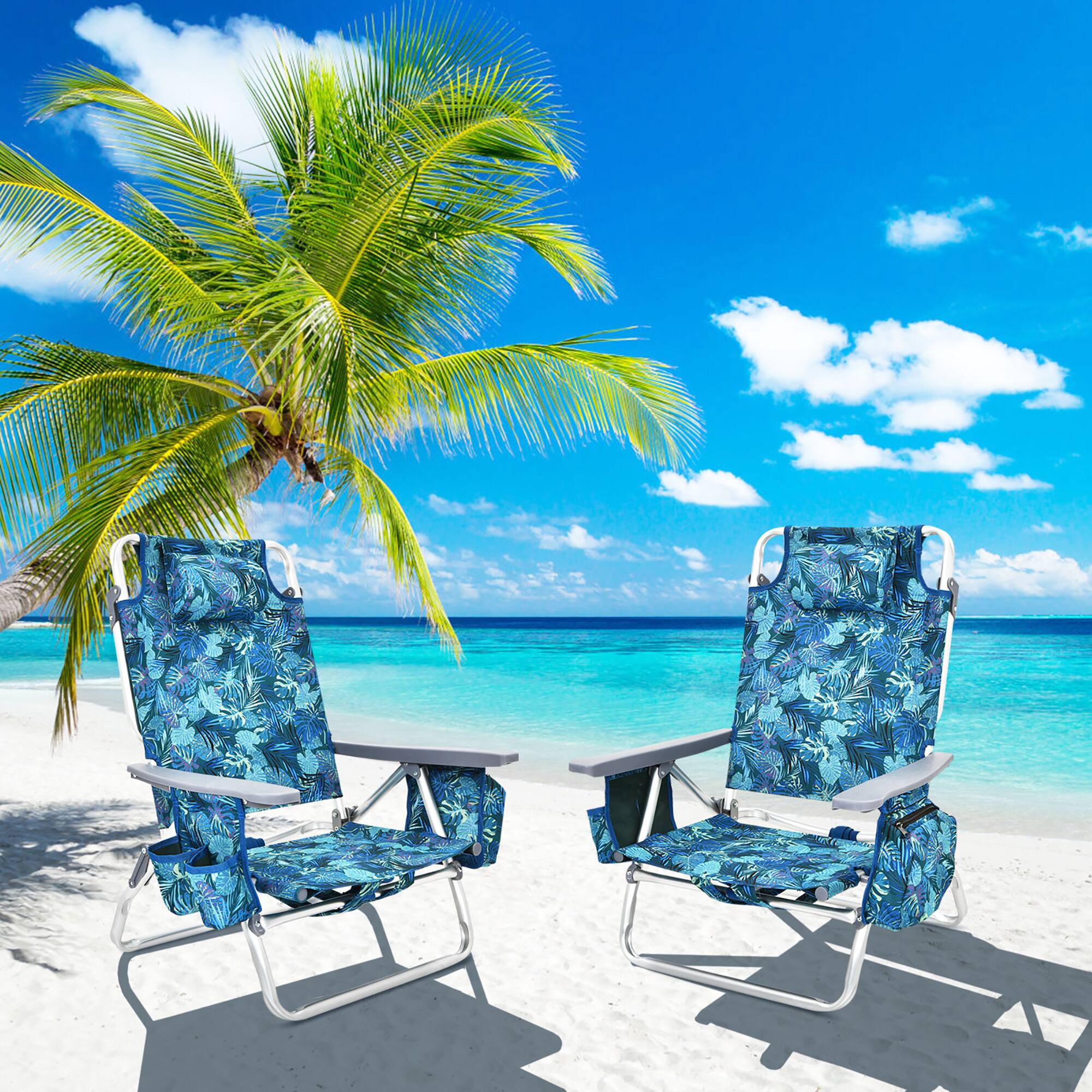 Alt View 1. Costway - Costway 2-Pack Folding Backpack Beach Chair 5-Position Outdoor Reclining Chairs with Pillow Pattern - Pattern.