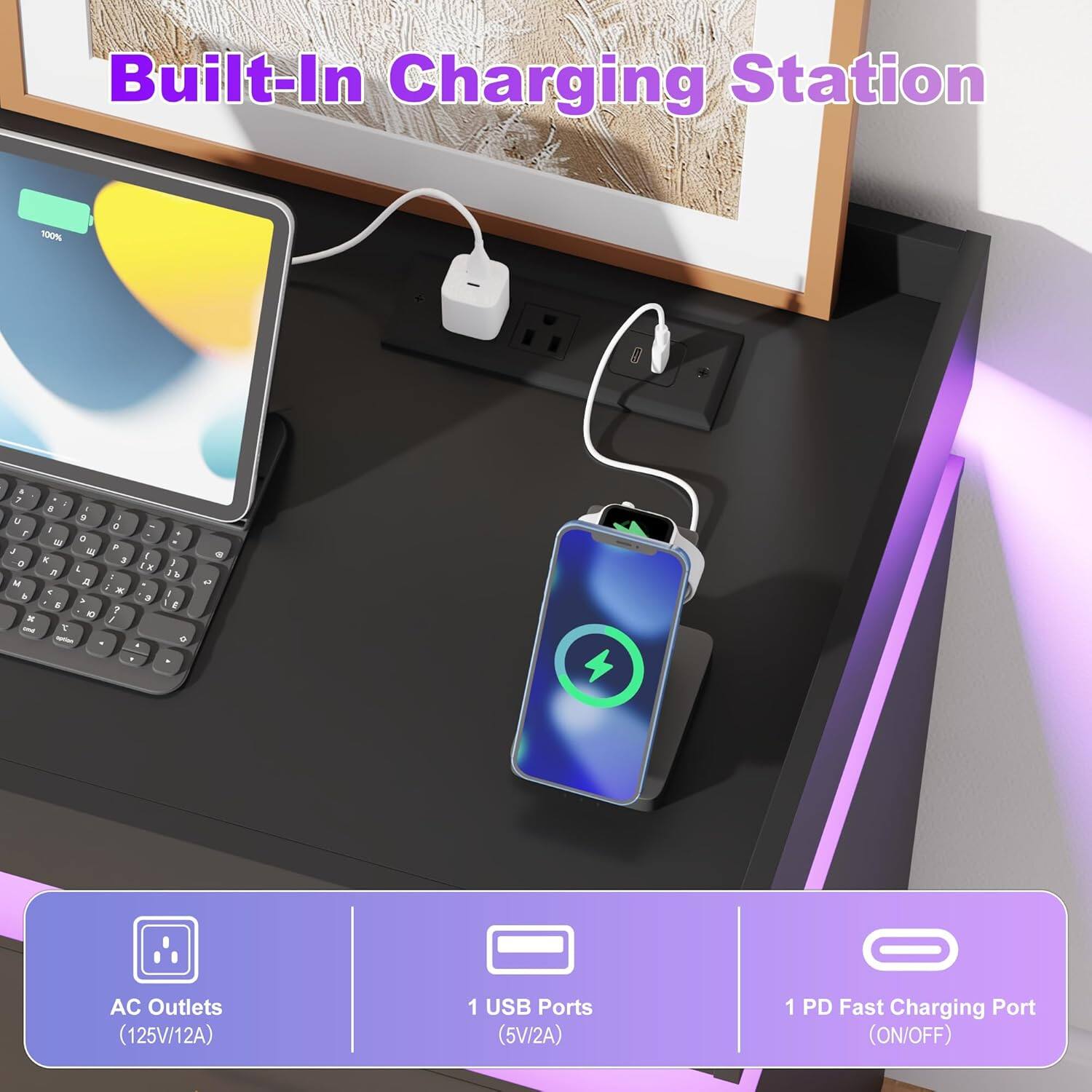 Built-In Charging Station

- AC Outlets (125V/12A)
- 1 USB Ports (5V/2A)
- 1 PD Fast Charging Port (ON/OFF)