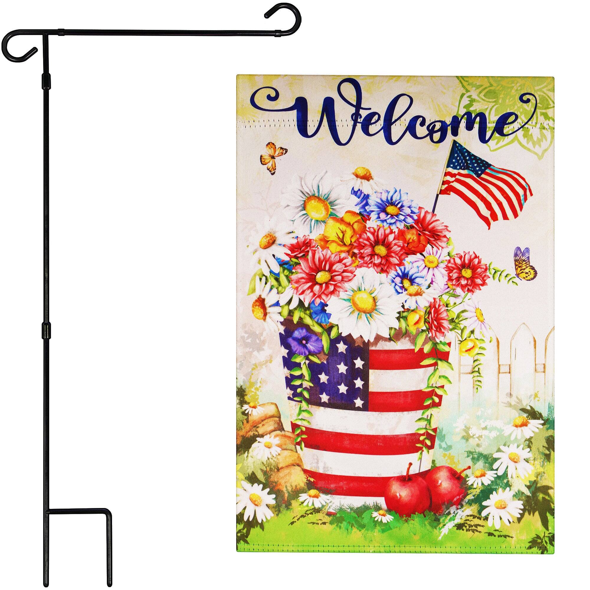 Front. G128 - Deluxe Garden Flag Stand with 12 x 18 in Double-Sided Blockout Patriotic Welcome Flag. - Assorted Colors.