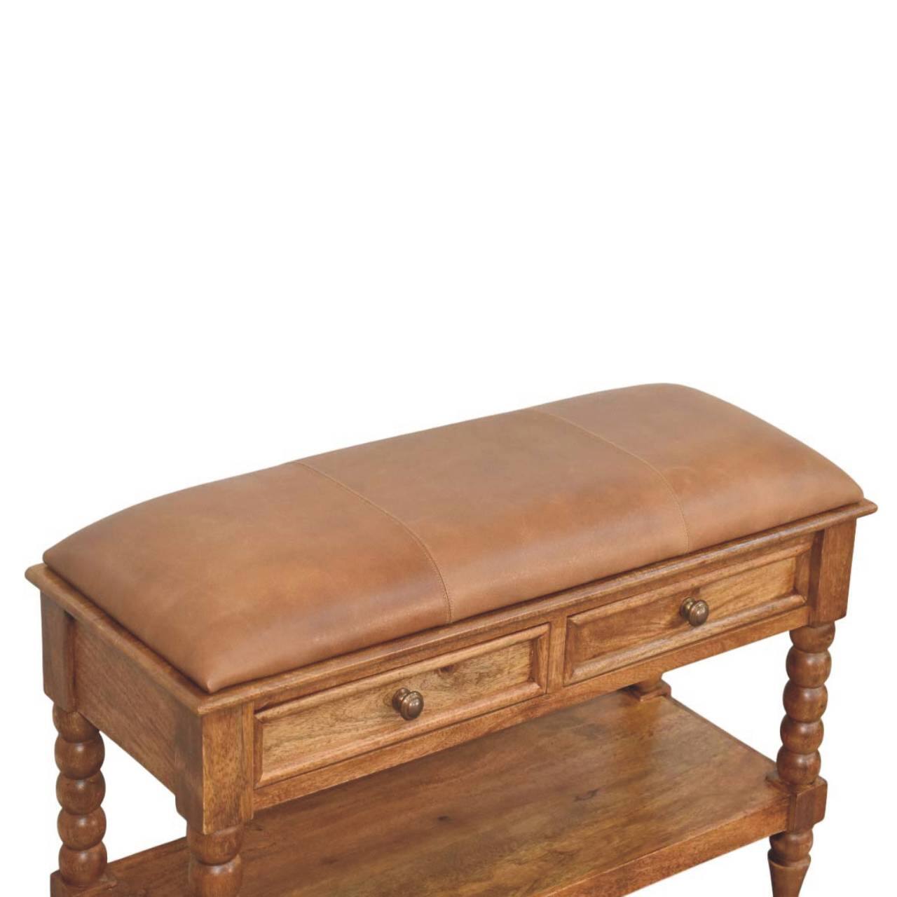 Alt View 1. Artisan Furniture - Artisan Furniture Solid Wood Leather Spindle Bench, Brown, 2 Drawer - Brown.