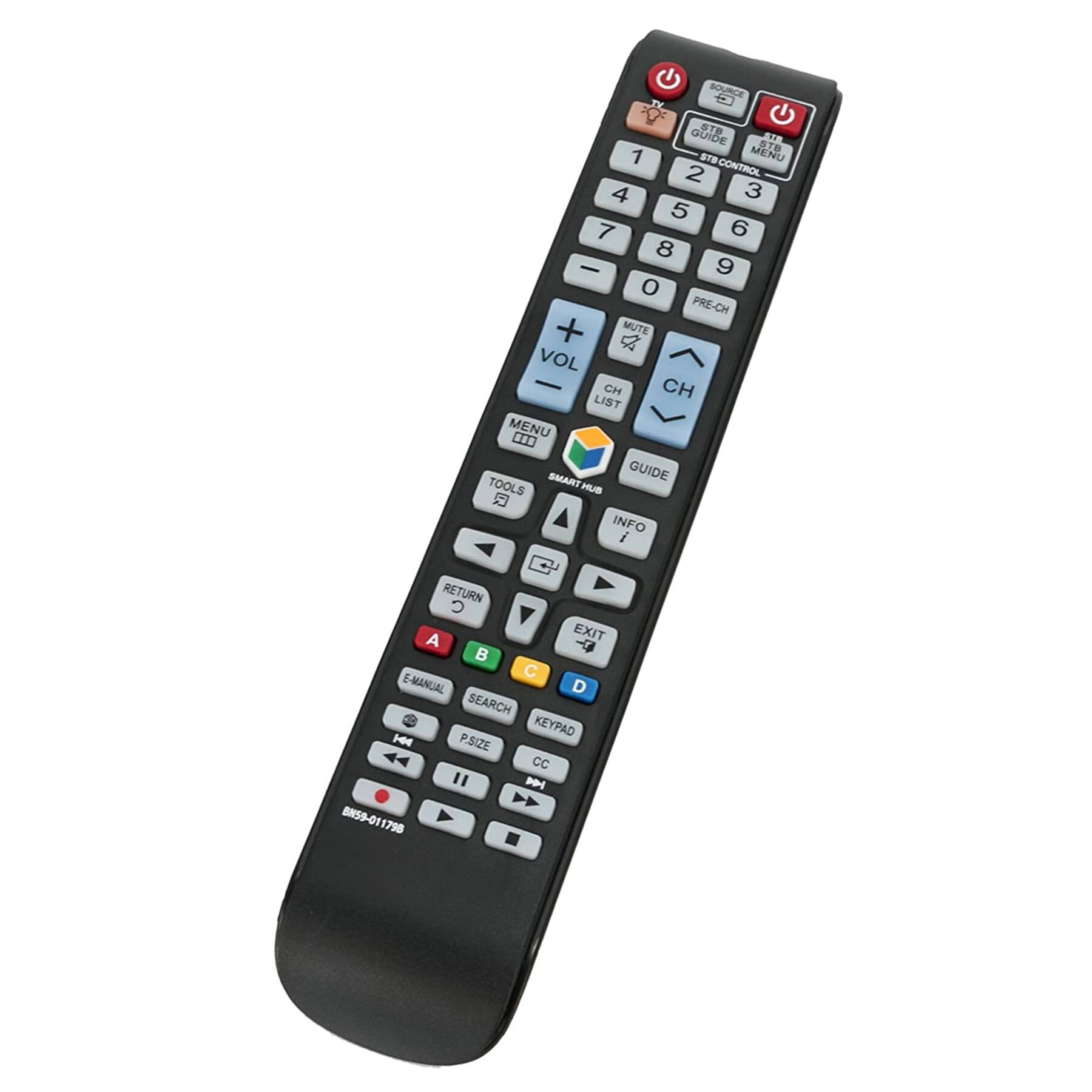 Sure, here is the corrected and grouped text from the image:

**Top Section:**
- STB GUIDE
- STB MENU
- STB CONTROL

**Number Pad:**
- 1 2 3
- 4 5 6
- 7 8 9
- 0

**Volume and Channel Controls:**
- VOL +
- VOL -
- CH LIST
- CH
- PRE-CH

**Mute:**
- MUTE

**Smart Hub and Guide:**
- SMART HUB
- GUIDE

**Information and Exit:**
- INFO
- EXIT

**Menu and Tools:**
- MENU
- TOOLS

**Return and Keypad:**
- RETURN
- KEYPAD

**E-Manual and Search:**
- E-MANUAL
- SEARCH

**Play, Pause, and Other Controls:**
- PLAY
- PAUSE
- STOP
- REWIND
- FAST FORWARD

**Additional Buttons:**
- A B C
- D

**Bottom Section:**
- BN59-011798