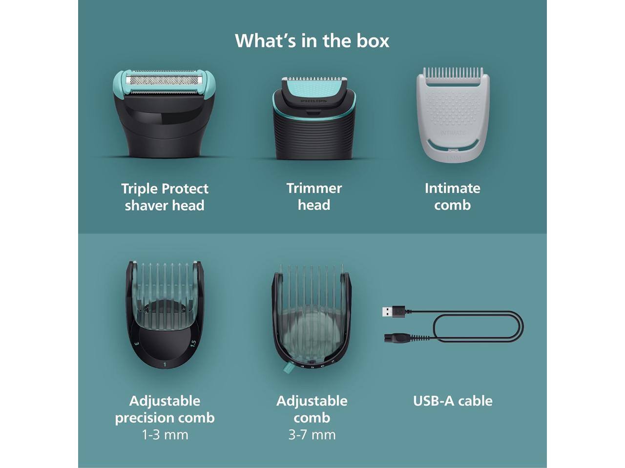 What's in the box:

- Triple Protect shaver head
- Trimmer head
- Intimate comb
- Adjustable precision comb 1-3 mm
- Adjustable comb 3-7 mm
- USB-A cable