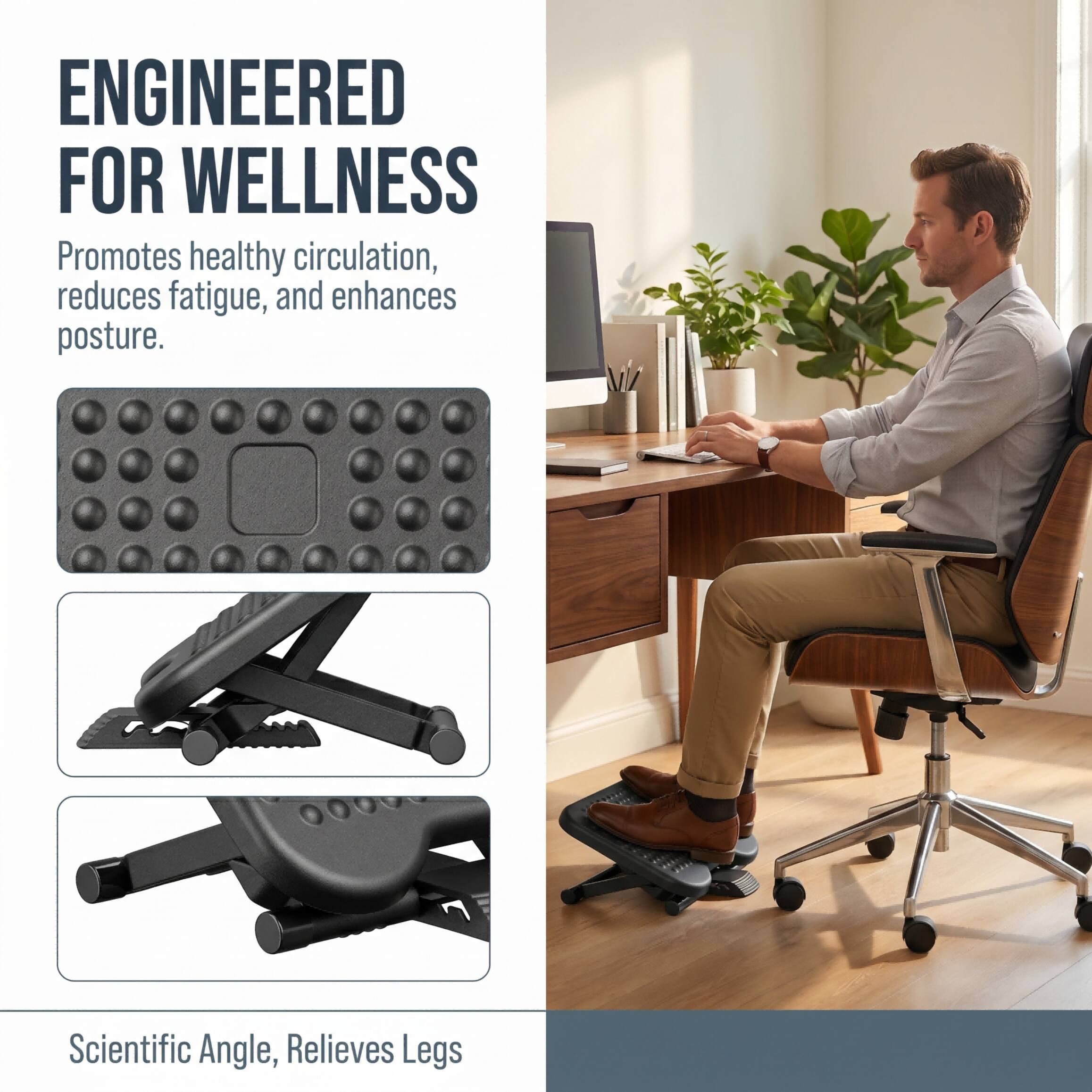 ENGINEERED FOR WELLNESS  
Promotes healthy circulation, reduces fatigue, and enhances posture.  
Scientific Angle, Relieves Legs