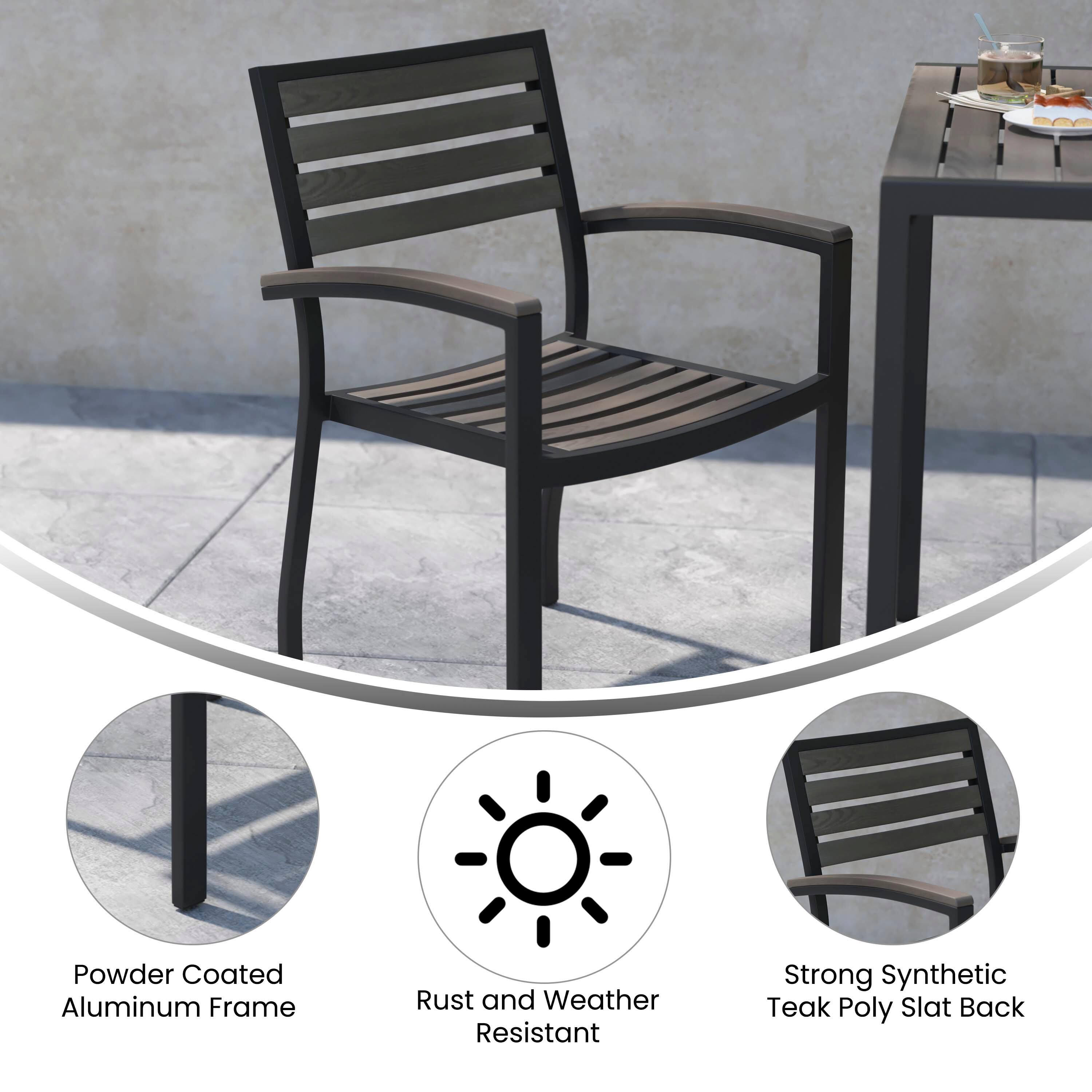 Powder Coated Aluminum Frame  
Rust and Weather Resistant  
Strong Synthetic Teak Poly Slat Back