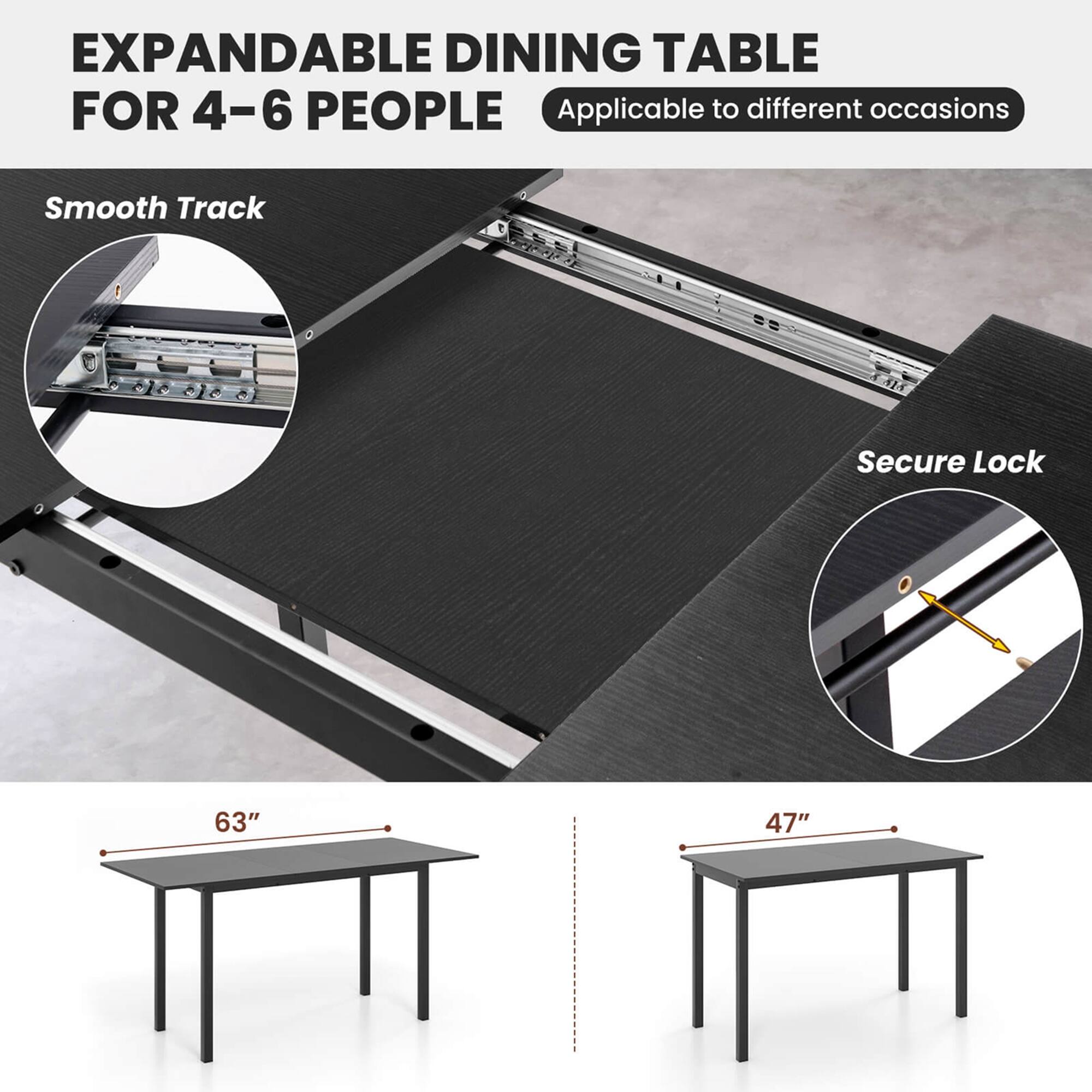 EXPANDABLE DINING TABLE FOR 4-6 PEOPLE Applicable to different occasions Smooth Track Secure Lock 63" 47"