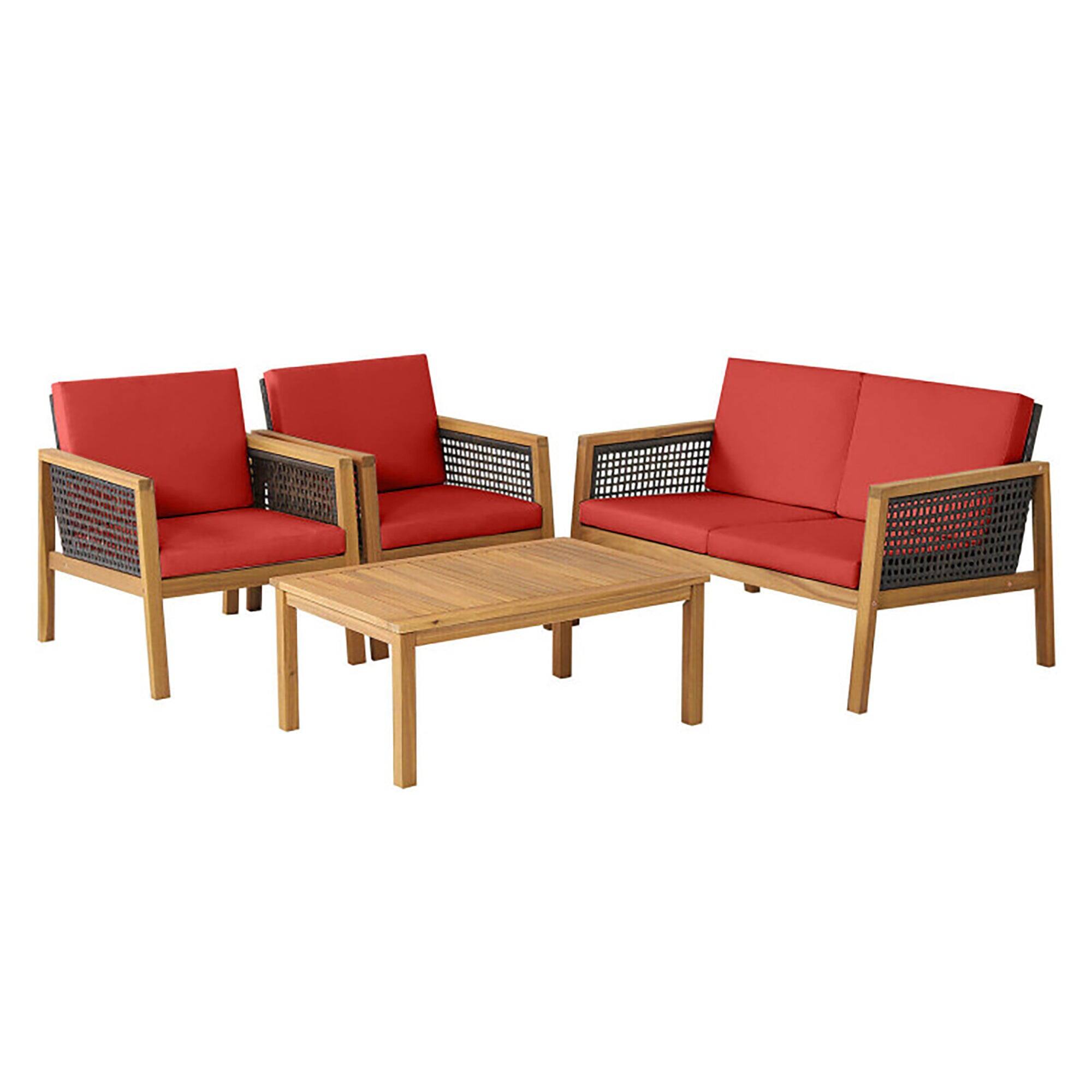 Front. Boyel Living - 4 Pieces Patio Rattan Furniture Set with Removable Cushions - Red.