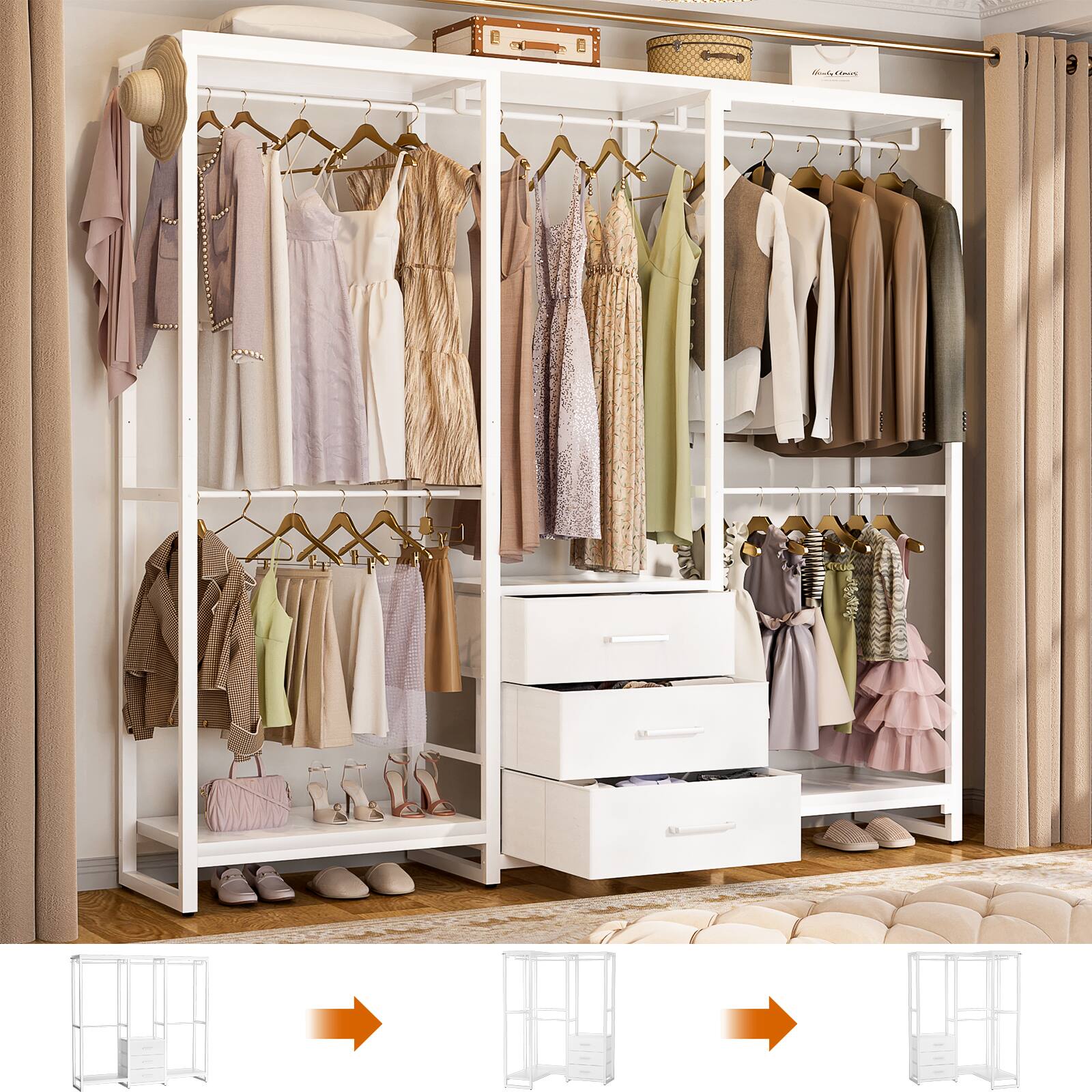 Alt View 2. Aheaplus - Sturdy Metal Garment Rack with 3 Fabric Drawers, Wall Mounted Clothing Rack with 5 Hanging Rods & Storage Shelves - White.