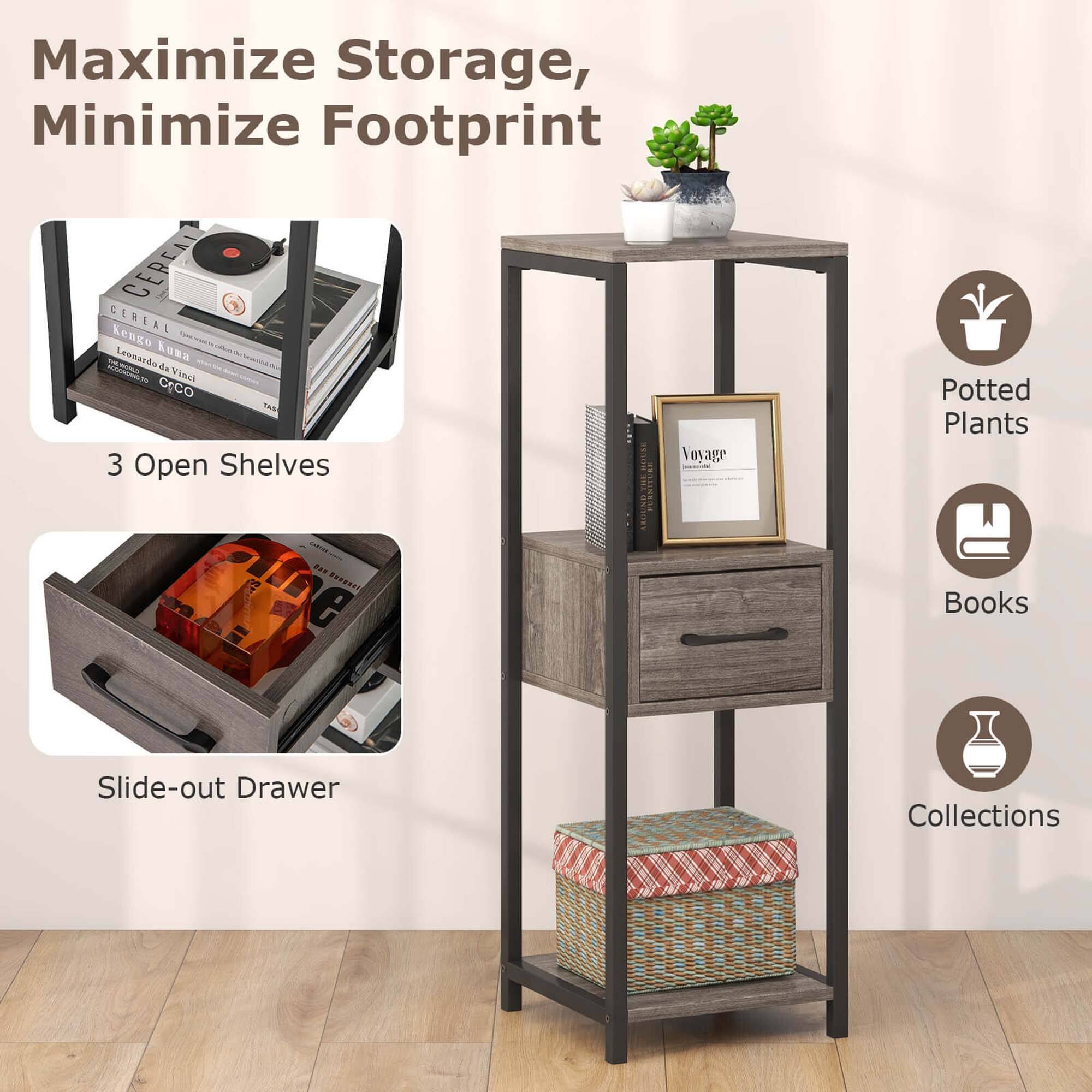 Maximize Storage, Minimize Footprint: Cereal Keeper, 3 Open Shelves, Potted Plants, Books, Slide-out Drawer, Collections.