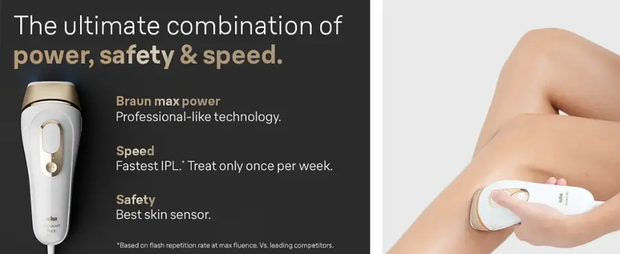 The ultimate combination of power, safety, and speed. Braun max power Professional-like technology. Speed: Fastest IPL. Treat only once per week. Dry expert Po 6 Safety: Best skin sensor. Based on flash repetition rate at max fluence vs. leading competitors.