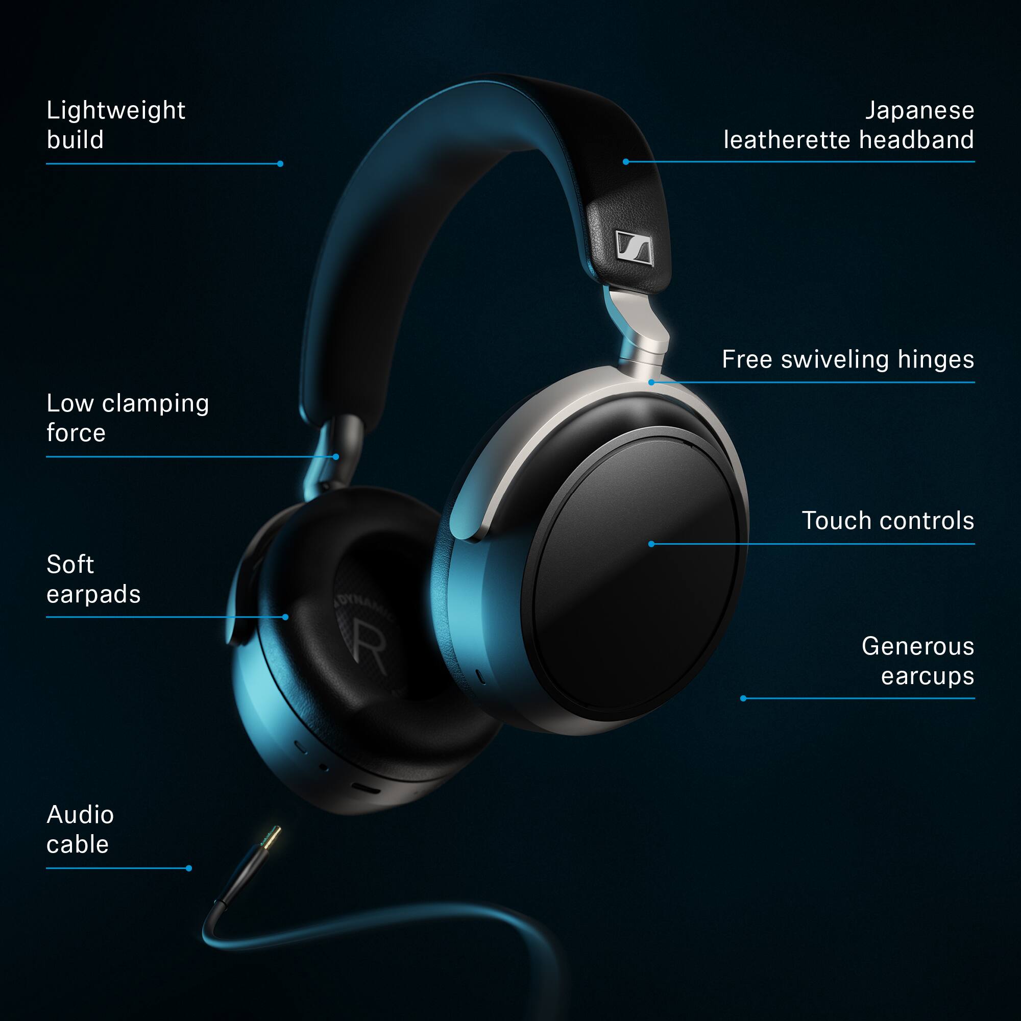 - Lightweight build
- Japanese leatherette headband
- Low clamping force
- Free swiveling hinges
- Soft earpads
- Touch controls
- Generous earcups
- Audio cable