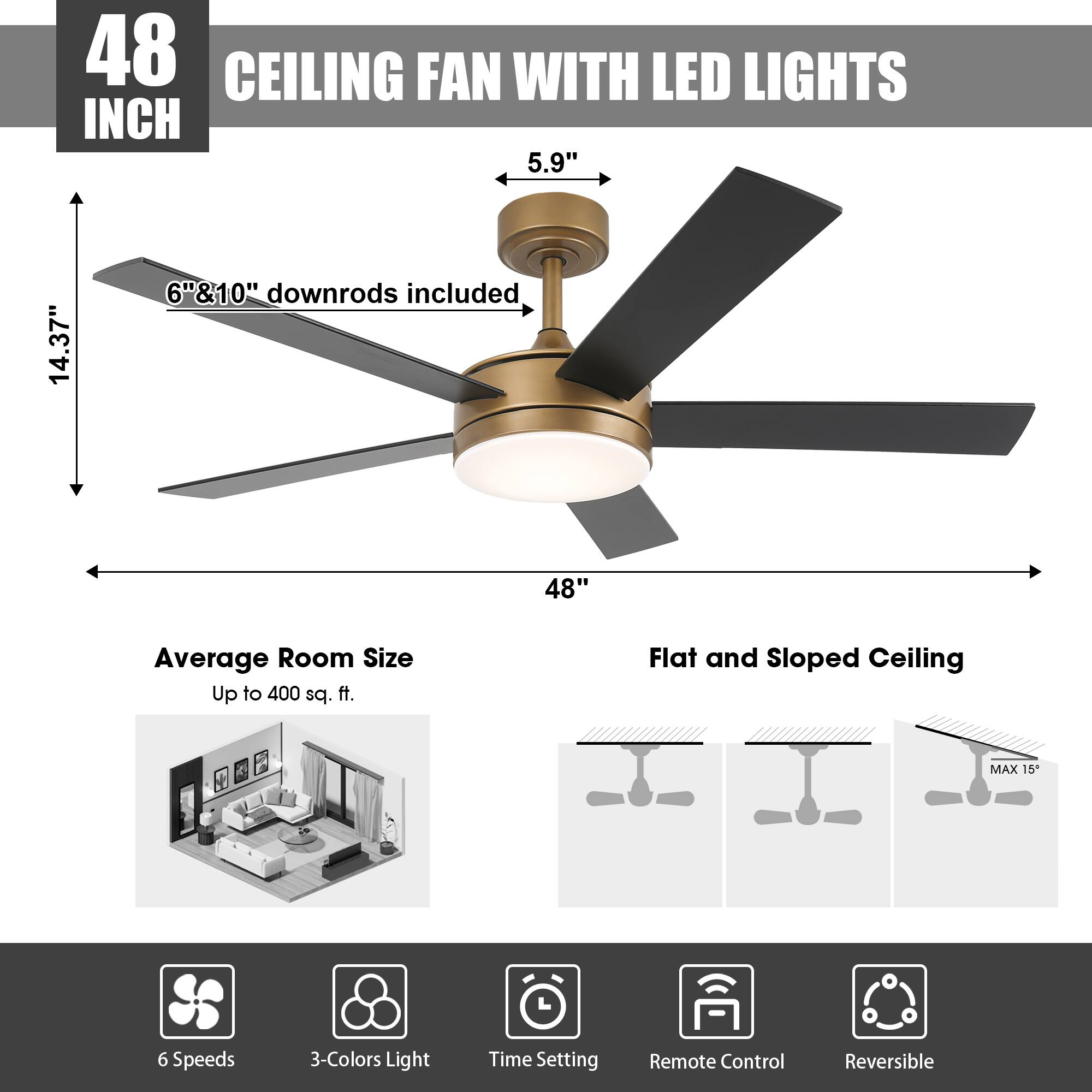 48" CEILING FAN WITH LED LIGHTS

- 5.9" 
- 14.37" 
- 6" & 10" downrods included
- 48" 
- Average Room Size: Up to 400 sq. ft.
- Flat and Sloped Ceiling (MAX 15")
- 6 Speeds
- 3-Colors Light
- Time Setting
- Remote Control
- Reversible