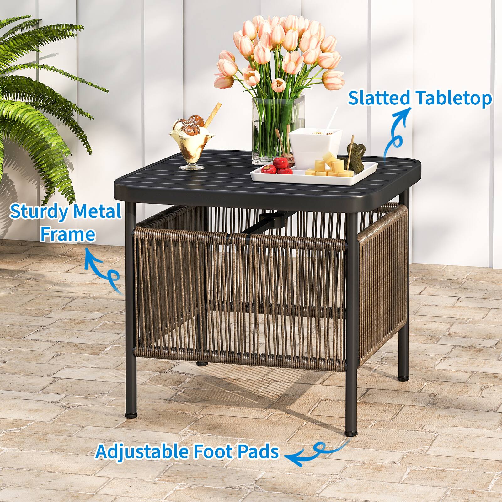 - Slatted Tabletop
- Sturdy Metal Frame
- Adjustable Foot Pads