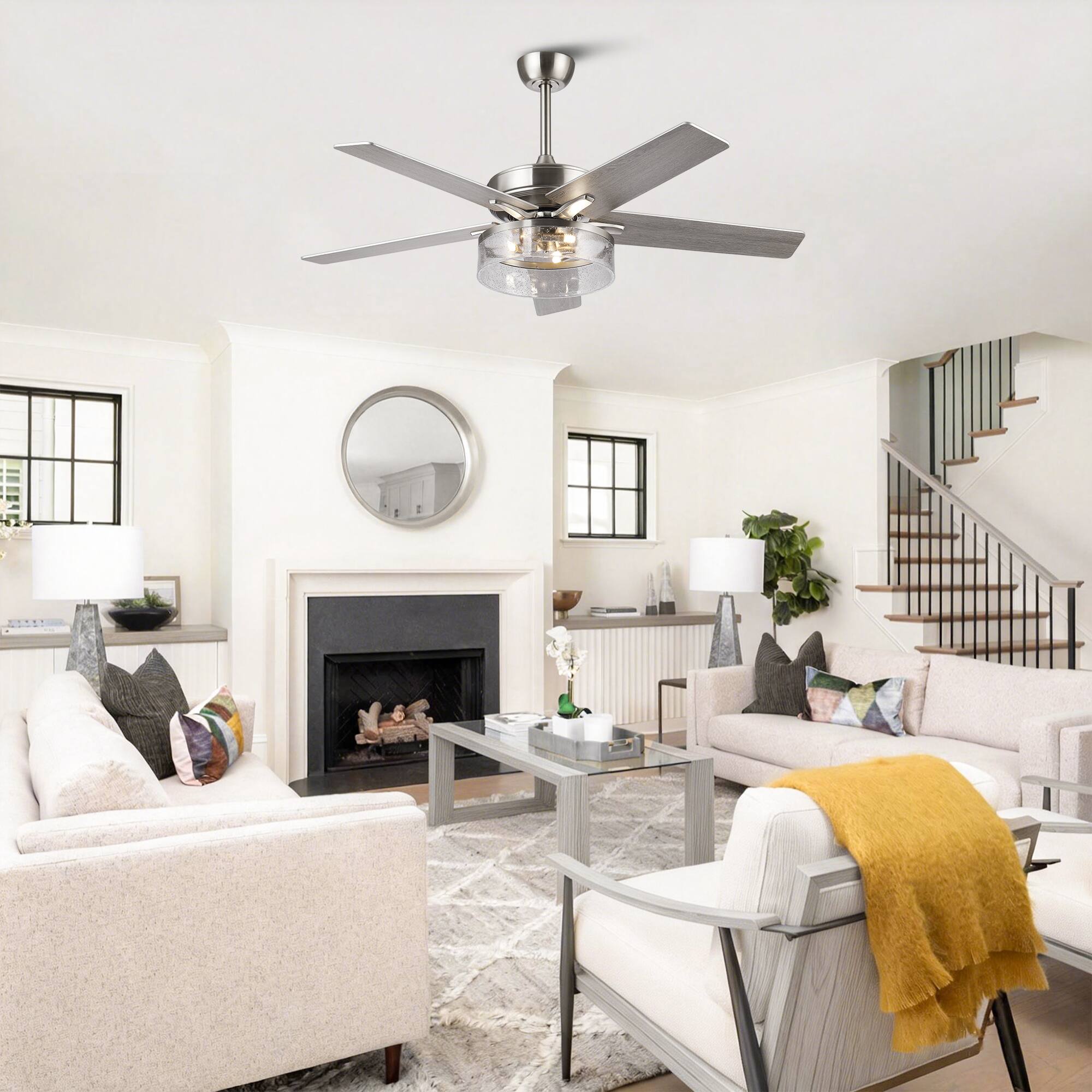 Angle. Parrot Uncle - 52-inch Modern Satin Nickel Bubble Shade Ceiling Fan with Light and Reversible Blades - Sand Nickel.