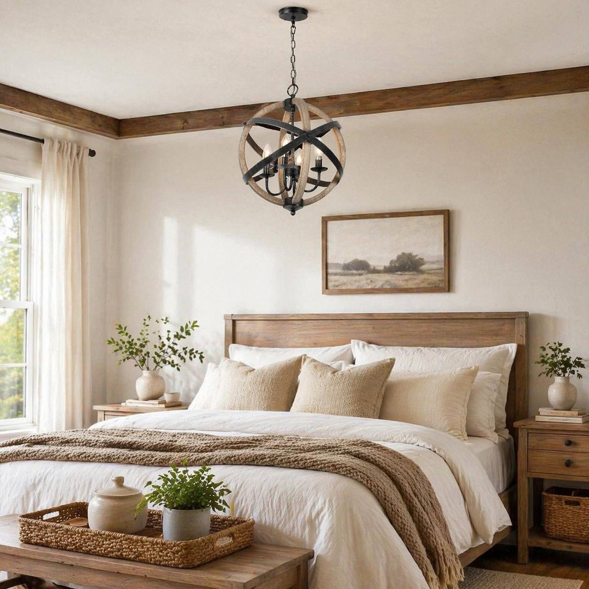 Back. RYHNUYNE - 4-Light Farmhouse Wood Chandelier,Rustic Pendant Light with Black Metal Accents - Wood.