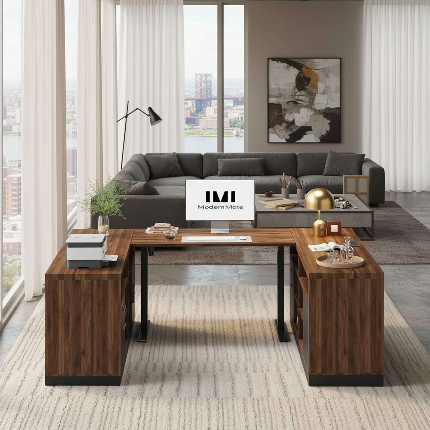 ModernMate - Home Office Furniture Set, 86" U Shaped Executive Standing Desk with File Cabinets and Drawer, AC/USB - Black Walnut