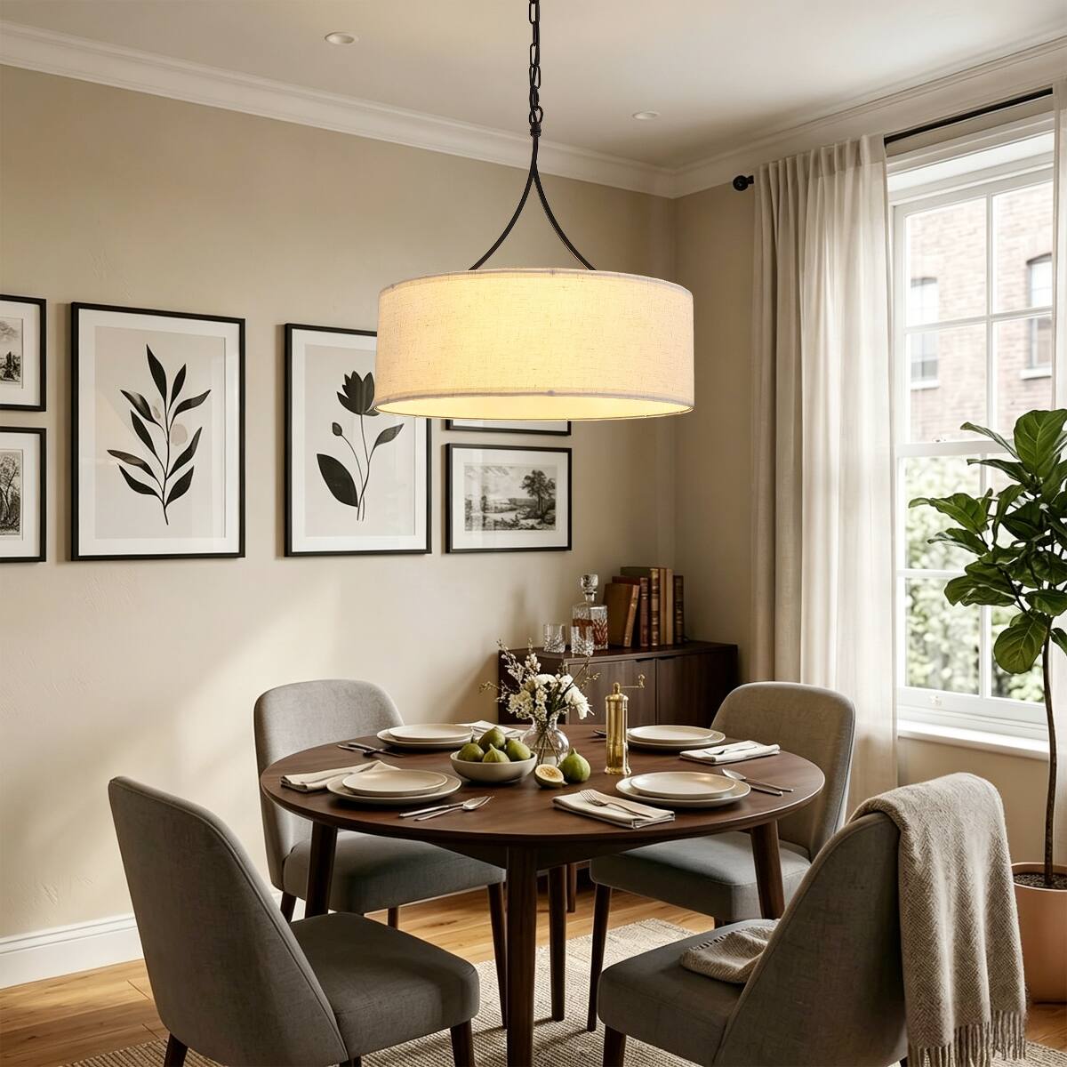 Alt View 1. Loheer - Loheer Three Light Fabric Drum Pendant Light Matte Black Adjustable Dining Room Chandelier.