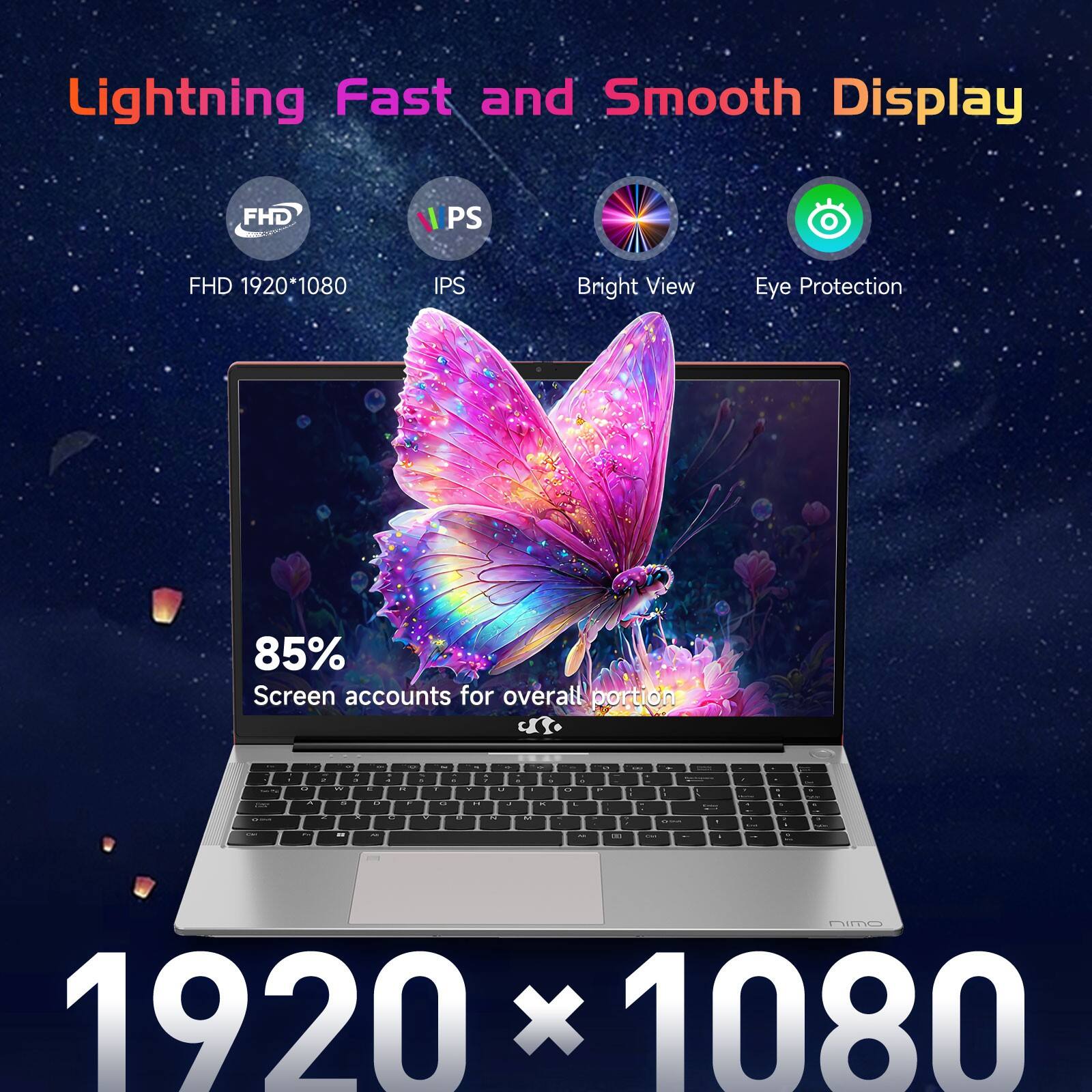 Lightning Fast and Smooth Display FHD (1920*1080) IPS Bright View Eye Protection 85% Screen accounts for overall portion.