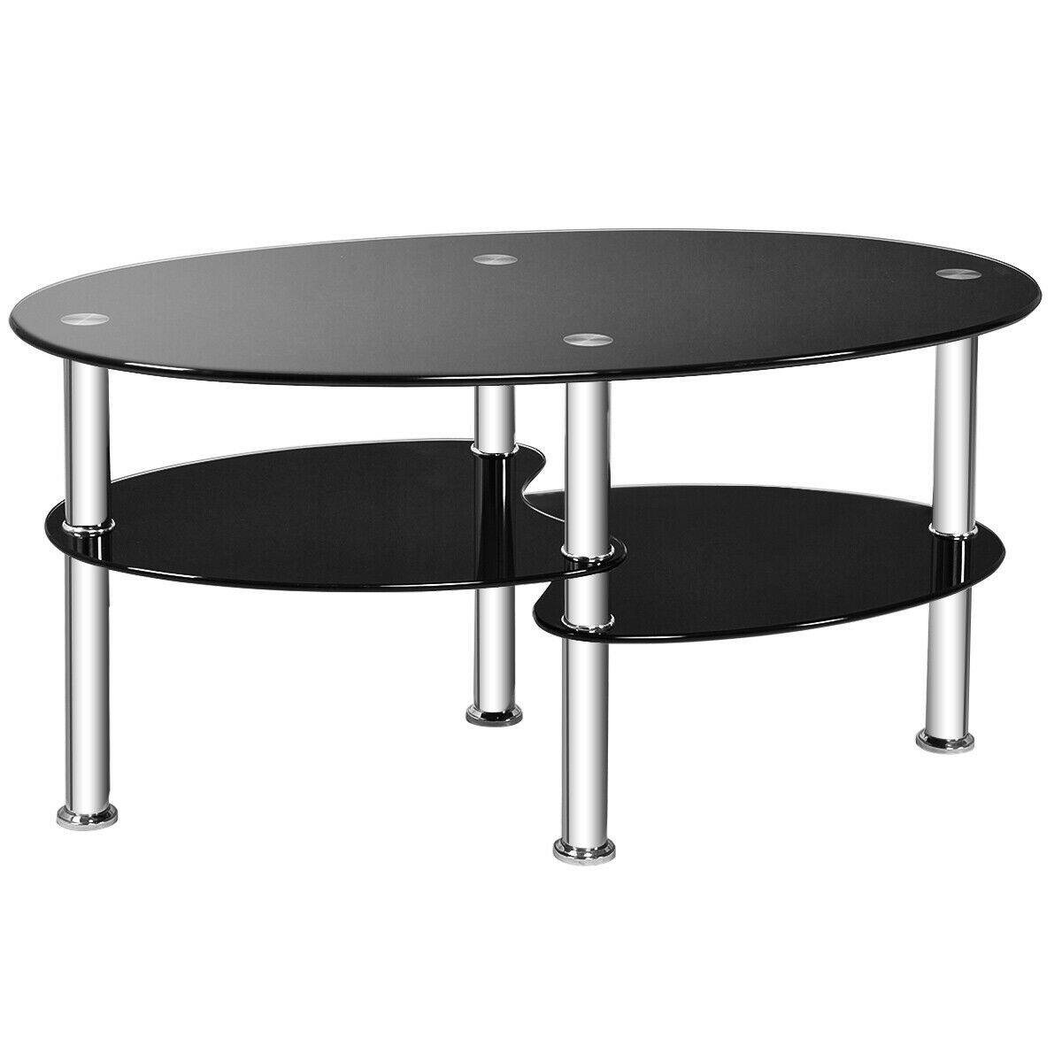 Alt View 8. Costway - Costway Tempered Glass Oval Side Coffee Table Shelf Chrome Base Living Room Black - Black.