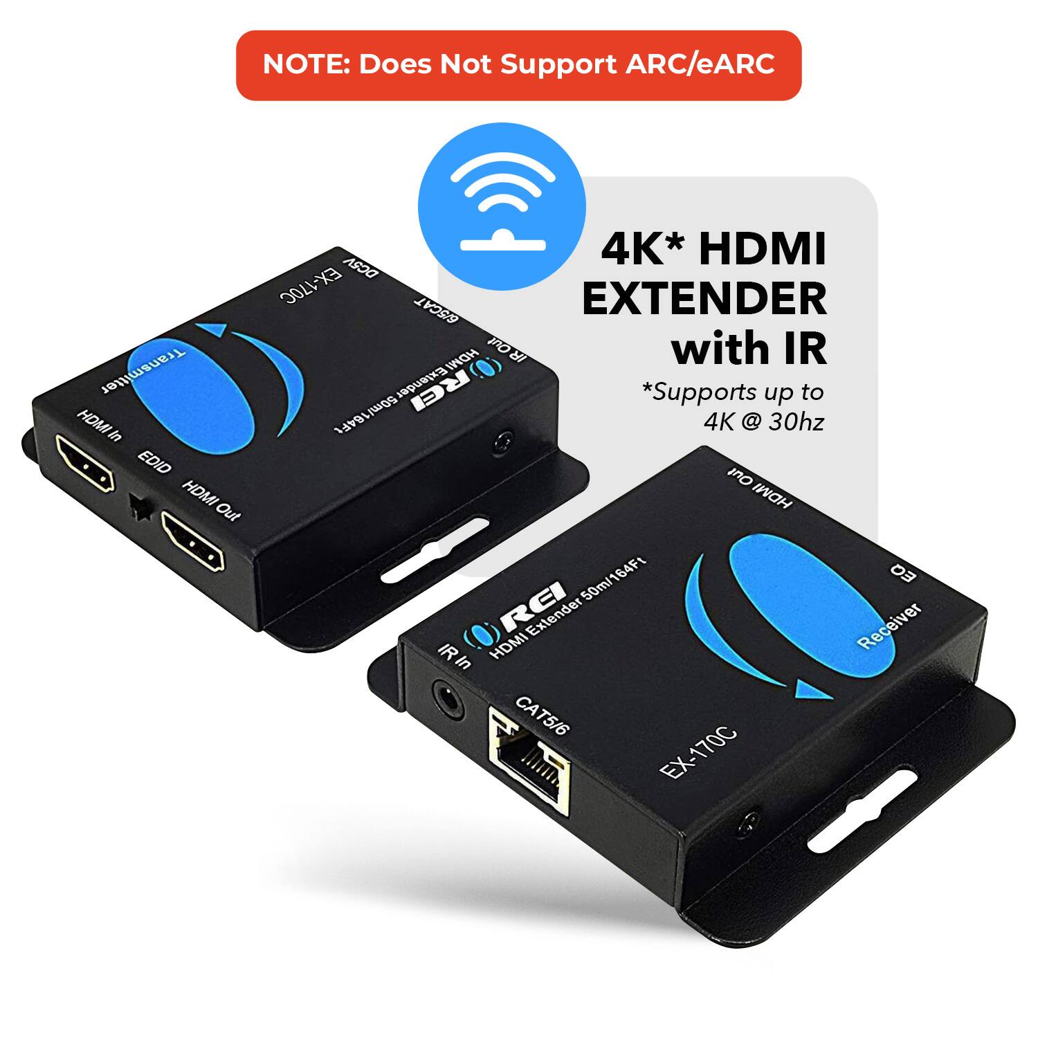 The corrected text is:

"NOTE: Does Not Support ARC/eARC

4K* HDMI EXTENDER with IR

*Supports up to 4K @ 30Hz

HDMI m EDID HDMI Out 4K* HDMI DCRA EX-170C EXTENDER BSCAT Out M with IR HDMI Extender *Supports up to 50m/184Ft 4K @ 30Hz Out HDMI 164Ft D3 50ml Extender Receiver IRIn in HDMI CAT5/6 EX-170C"