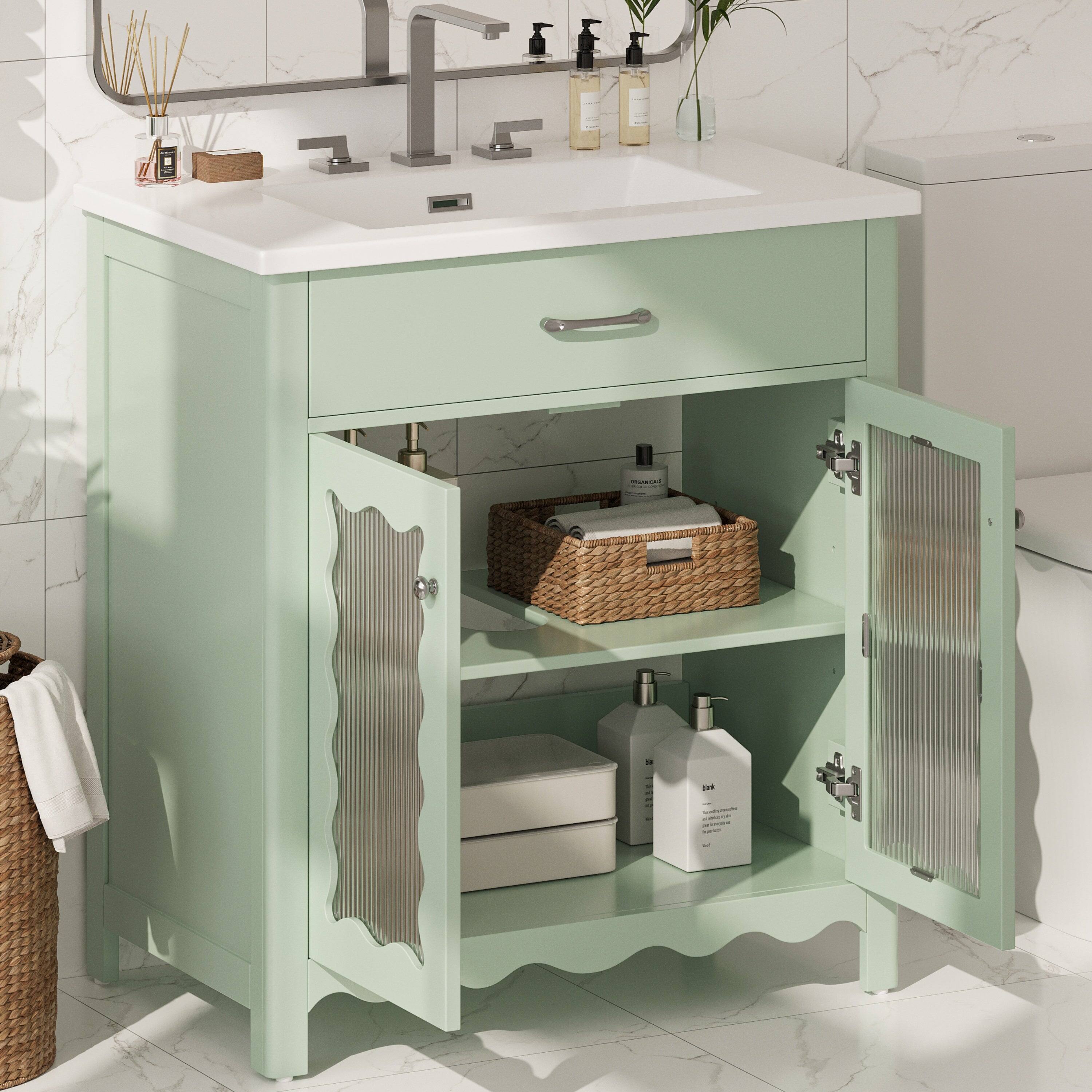 Alt View 4. Boyel Living - 31 Inch Bathroom Vanity with Tempered Glass Modern Cabinet Rubber Wood Legs Soft Close Doors Green - Green.