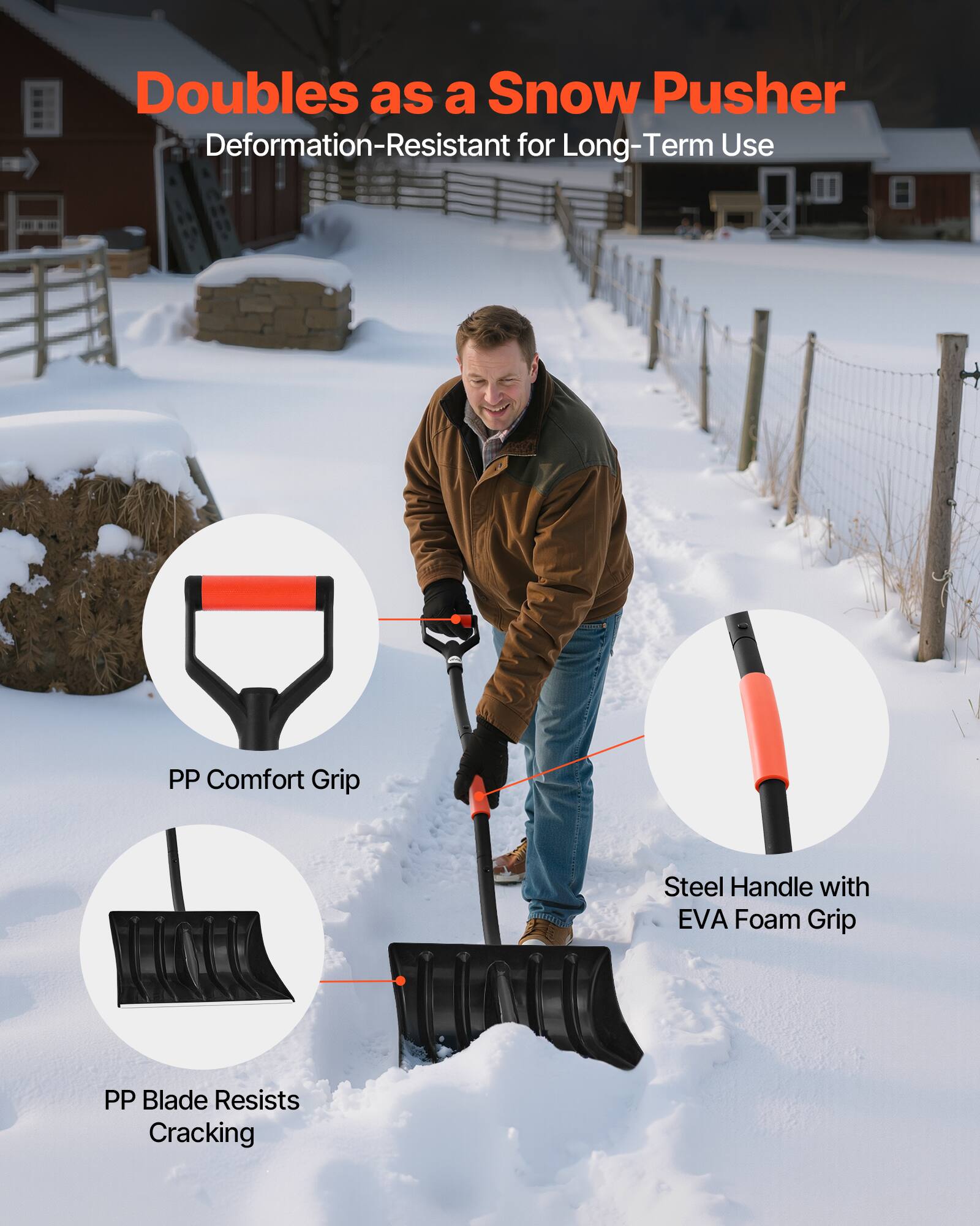 Doubles as a Snow Pusher  
Deformation-Resistant for Long-Term Use  

- PP Comfort Grip  
- Steel Handle with EVA Foam Grip  
- PP Blade Resists Cracking