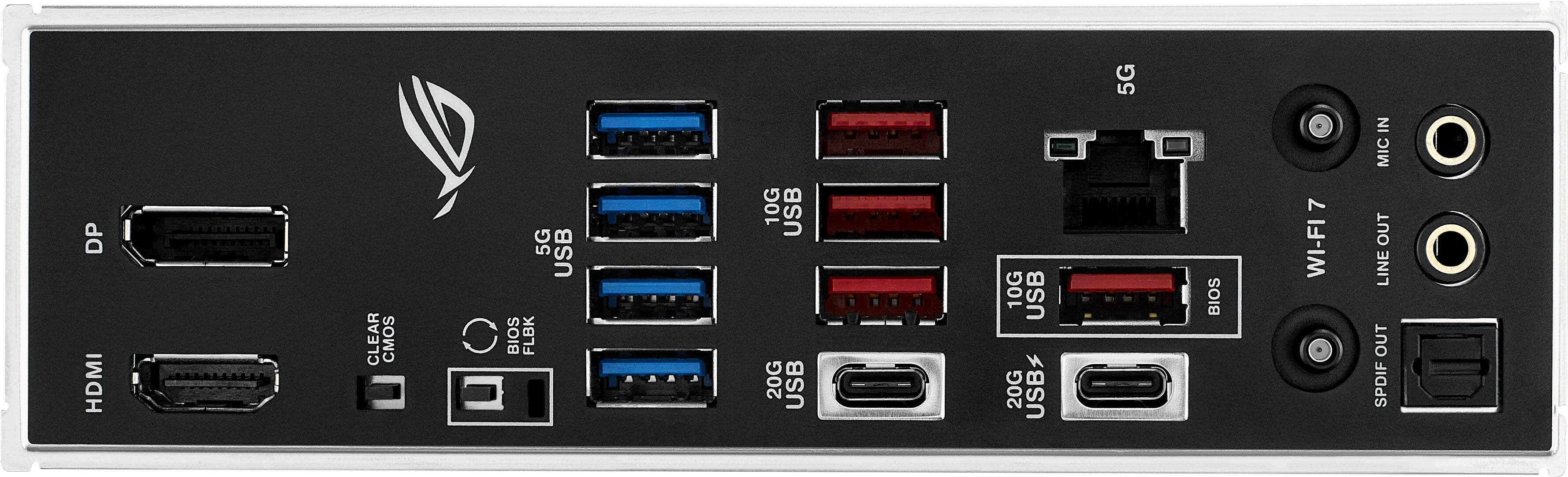 - DP
- HDMI
- 5G USB
- 10G USB
- 20G USB
- 20G USB+
- 5G USB
- 10G USB
- 20G USB
- 20G USB+
- WI-FI 7
- MIC IN
- LINE OUT
- SPDIF OUT
- CLEARMOS
- BIOS
- FLBK
- BIOS