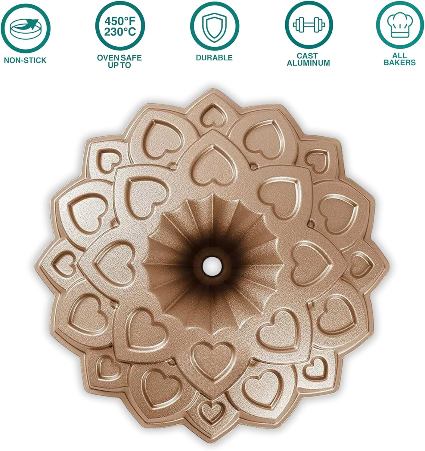 - Non-Stick
- Oven Safe up to 450°F (230°C)
- Durable
- Cast Aluminum
- All Bakers