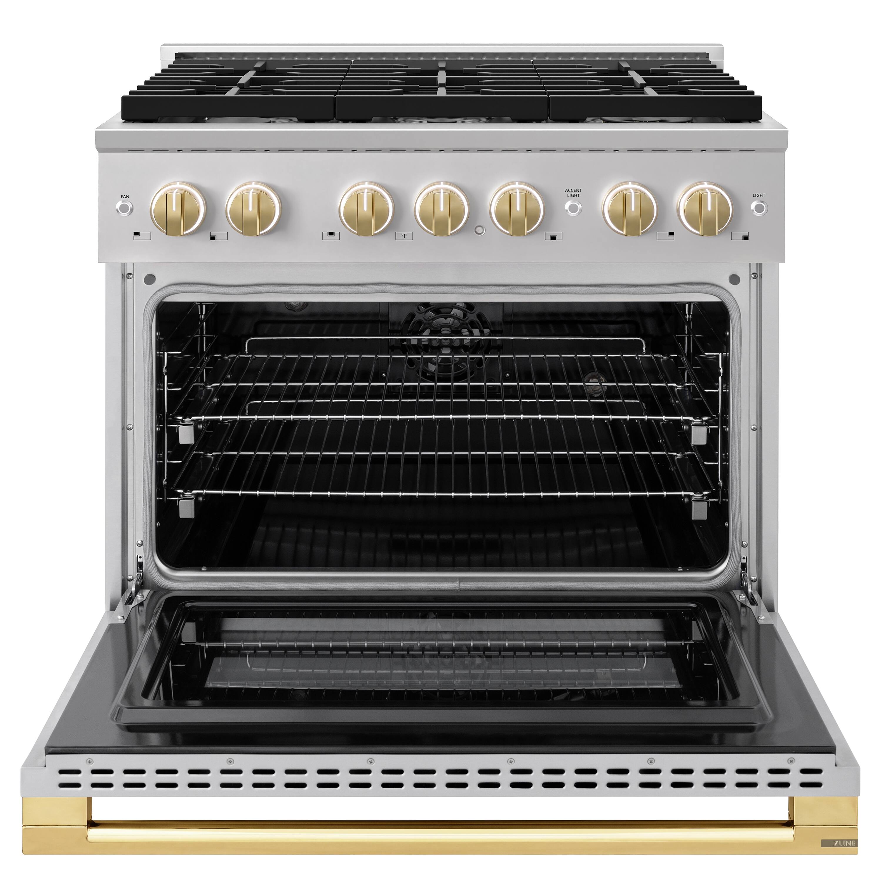Angle. ZLINE - Autograph 36 in. 5.2 cu. ft. Marino Dual Fuel Freestanding Range w/ 6 Gas Burners & Convection Oven w/ Gold Accents - Stainless Steel.