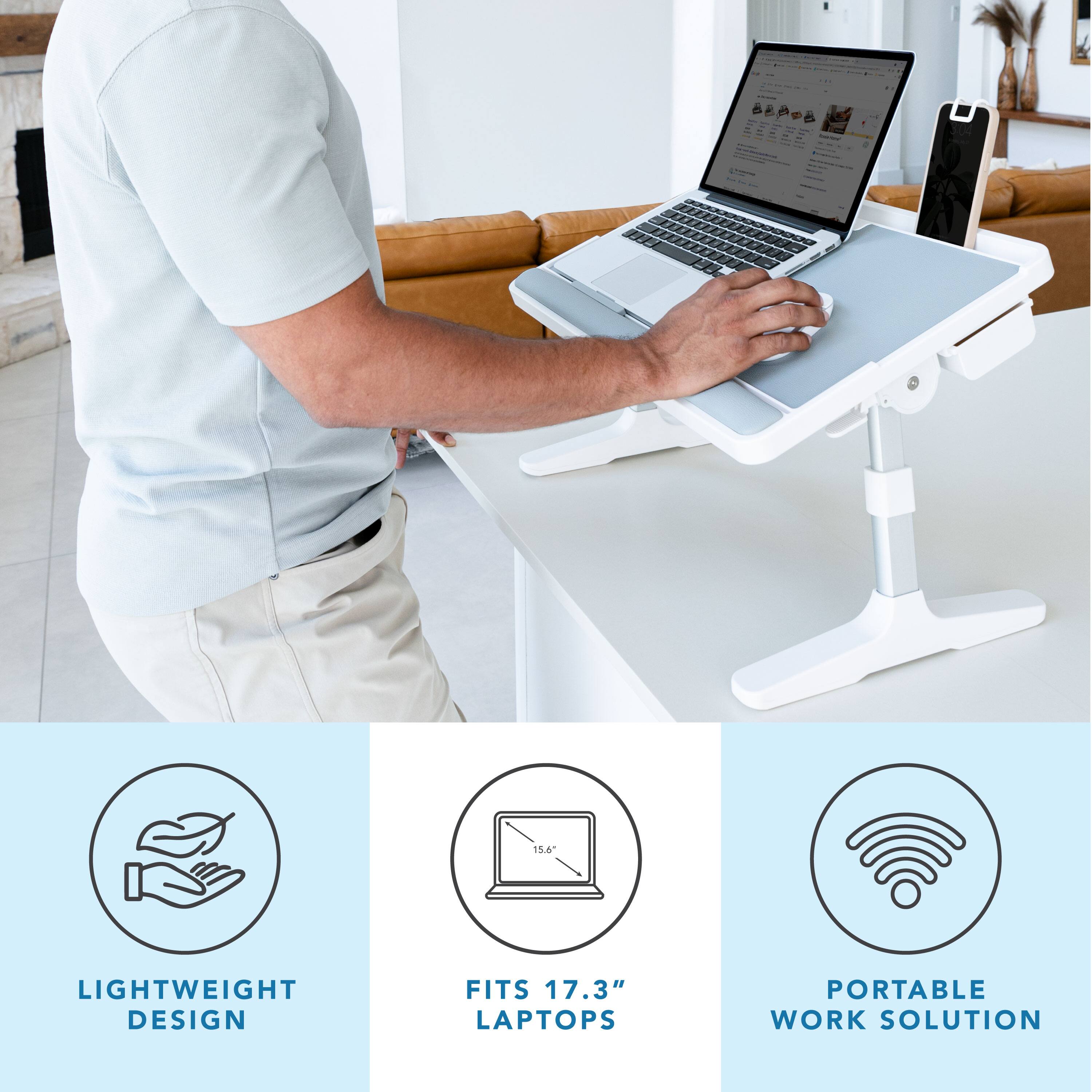 The text on the image is grouped and corrected as follows:

1. Lightweight design: Fits 17.3" laptops. Portable work solution.