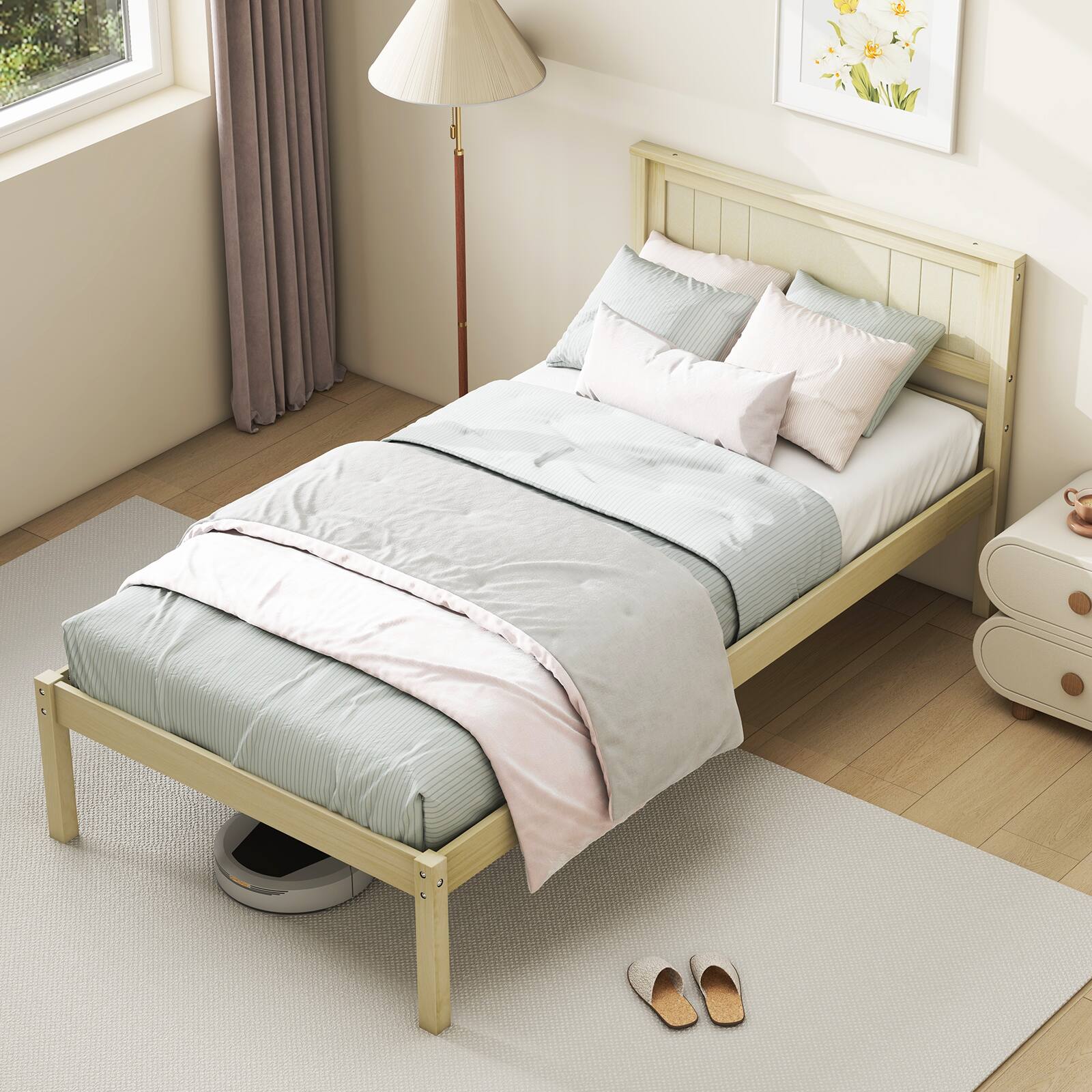 Alt View 1. Ecooso - Twin Size Wooden Bed Frame with Strong Headboard and Reinforced Slat Base - Natural.