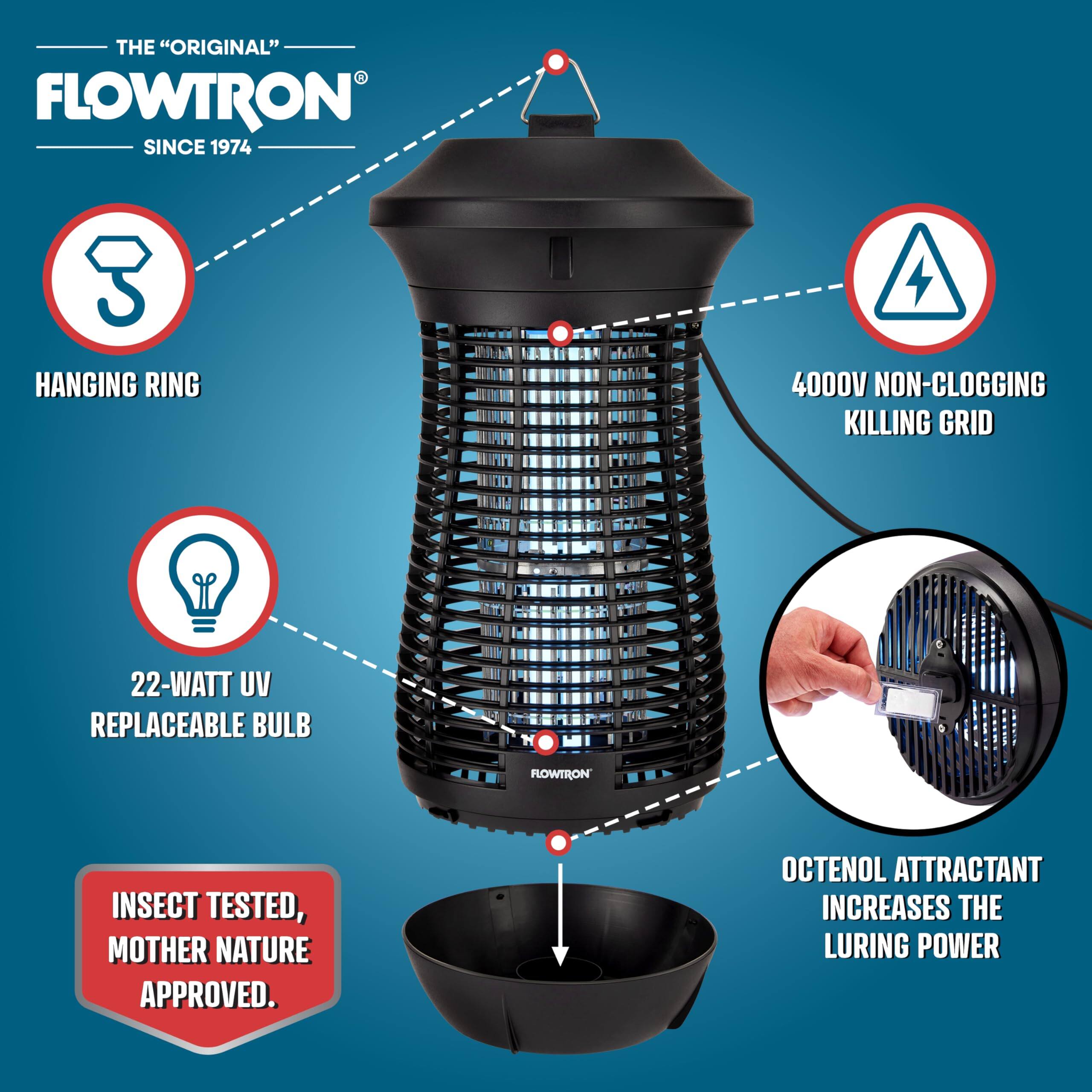 THE "ORIGINAL" FLOWTRON SINCE 1974

- HANGING RING
- 4000V NON-CLOGGING KILLING GRID
- 22-WATT UV REPLACEABLE BULB
- OCTENOL ATTRACTANT INCREASES THE LURING POWER

INSECT TESTED, MOTHER NATURE APPROVED.